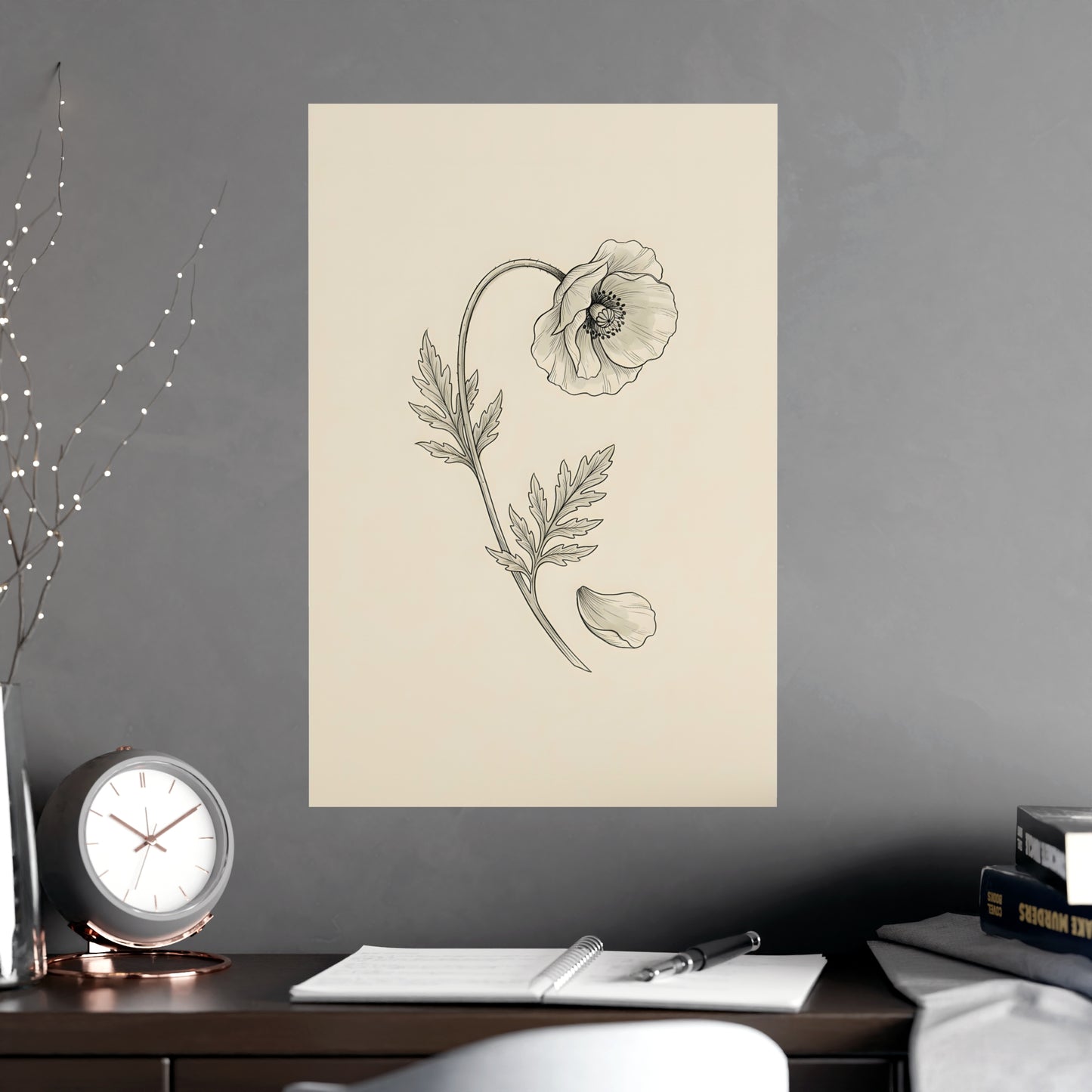 Wild Poppy framed on a cream wall in a living room, 16x24 in print