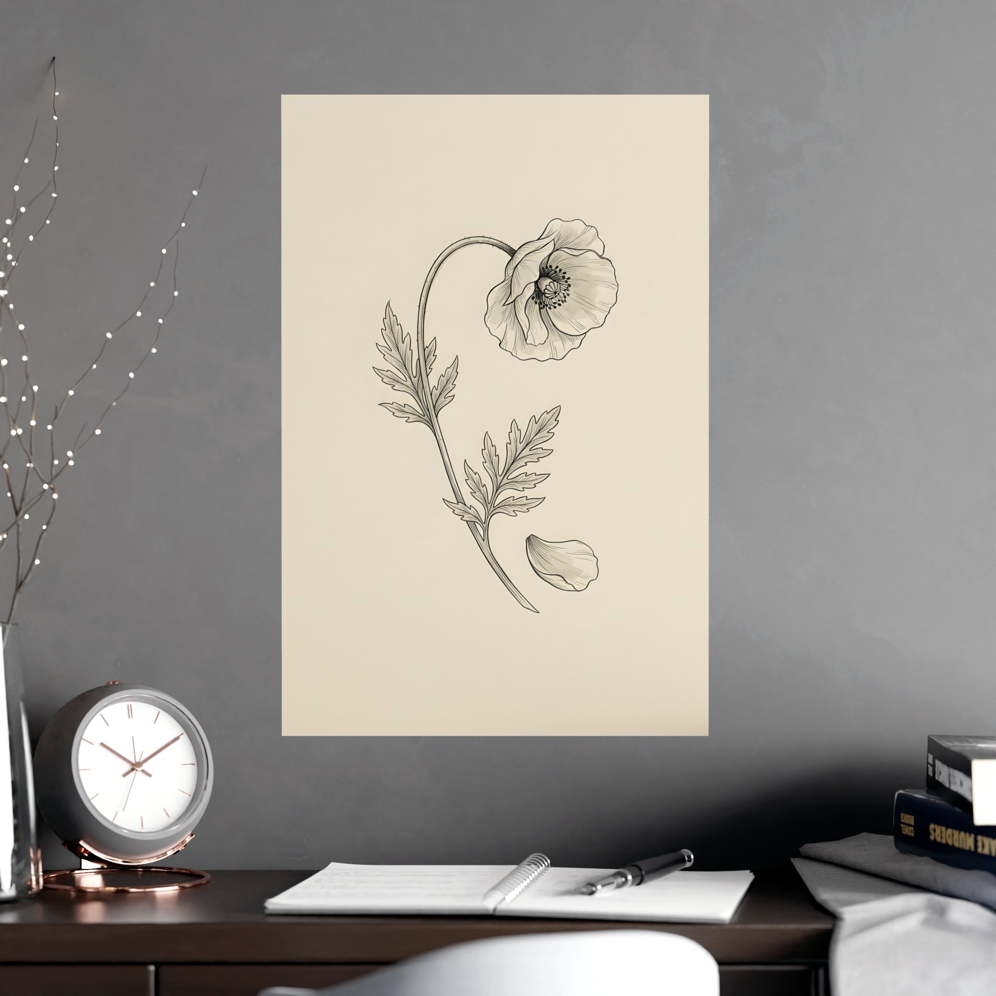 Wild Poppy framed on a cream wall in a living room, 16x24 in print