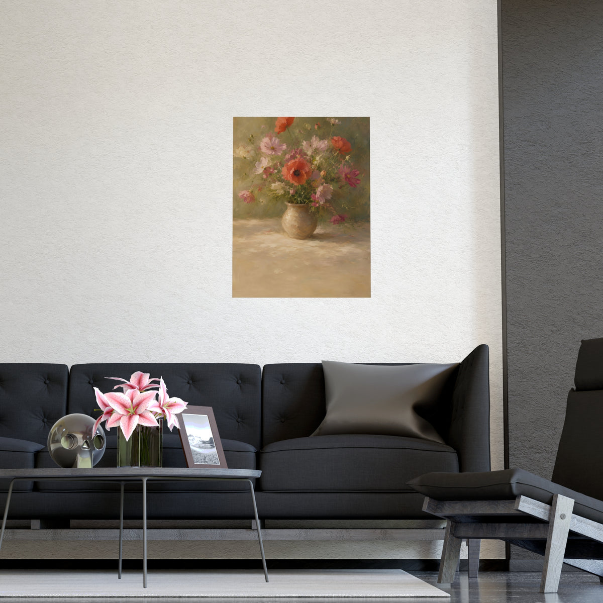 Poppy and Cosmos Bouquet — a loose bouquet of poppies and cosmos in an earthenware vase, shown framed on a wall
