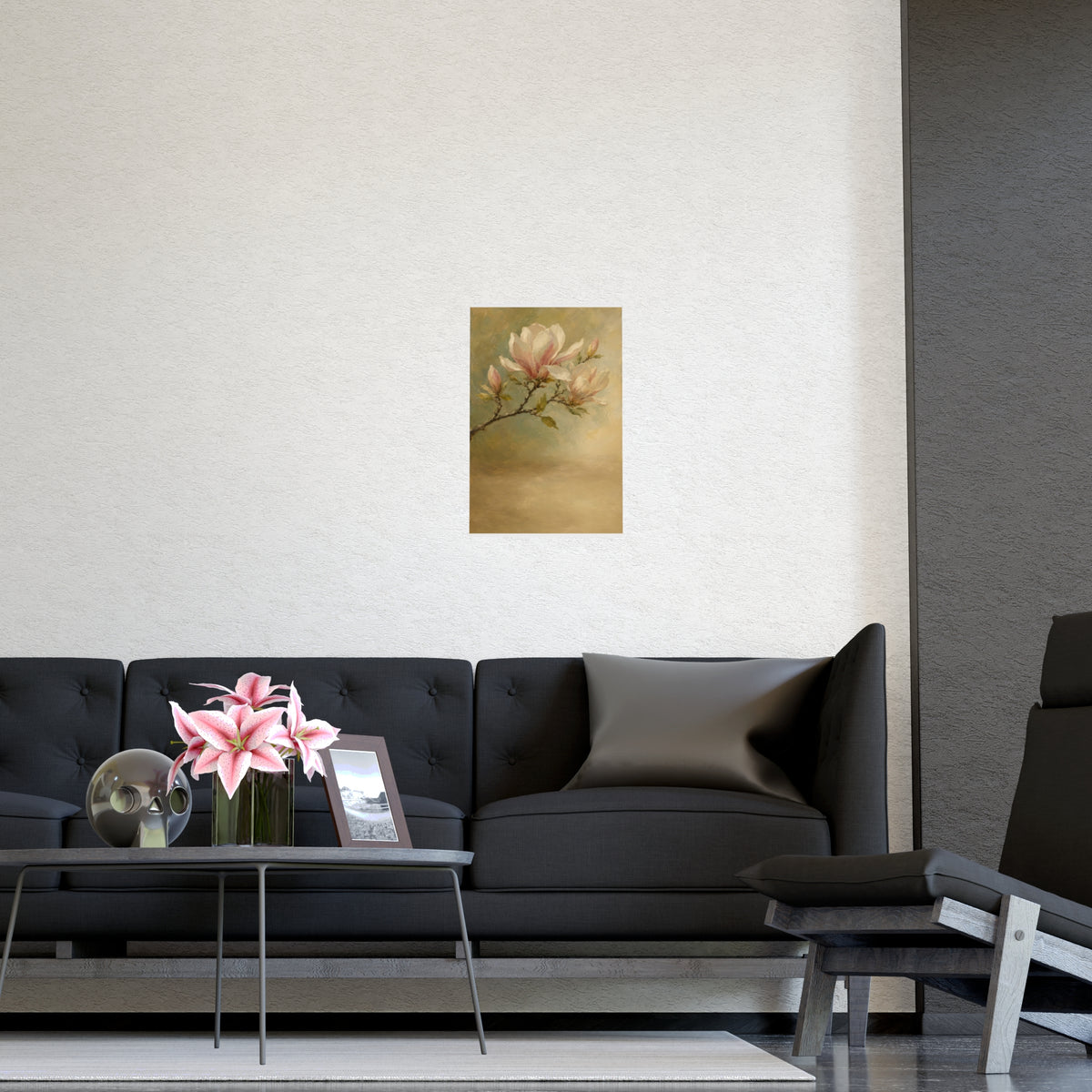 Magnolia Branch — a single magnolia branch in bloom, shown framed on a wall
