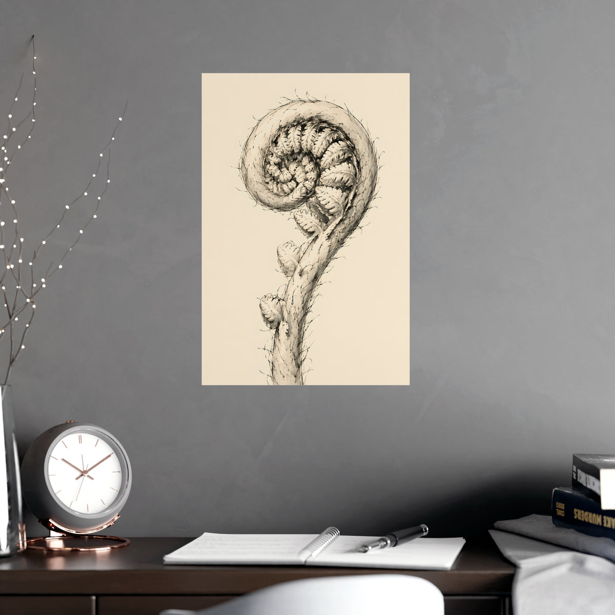 Fern, Still Curled — fern, still curled, shown framed on a wall