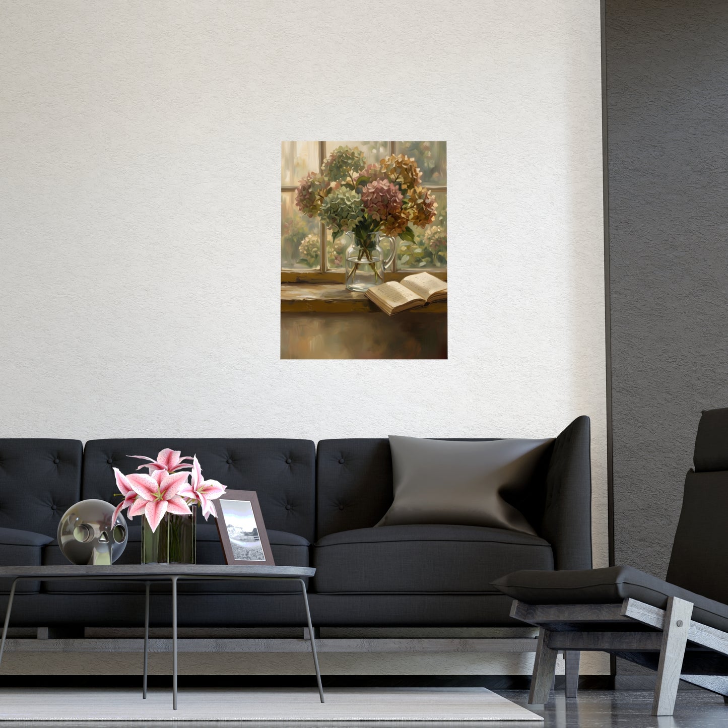 Gemini 18 hung above a sofa with a side table and lilies, 11x17 in print