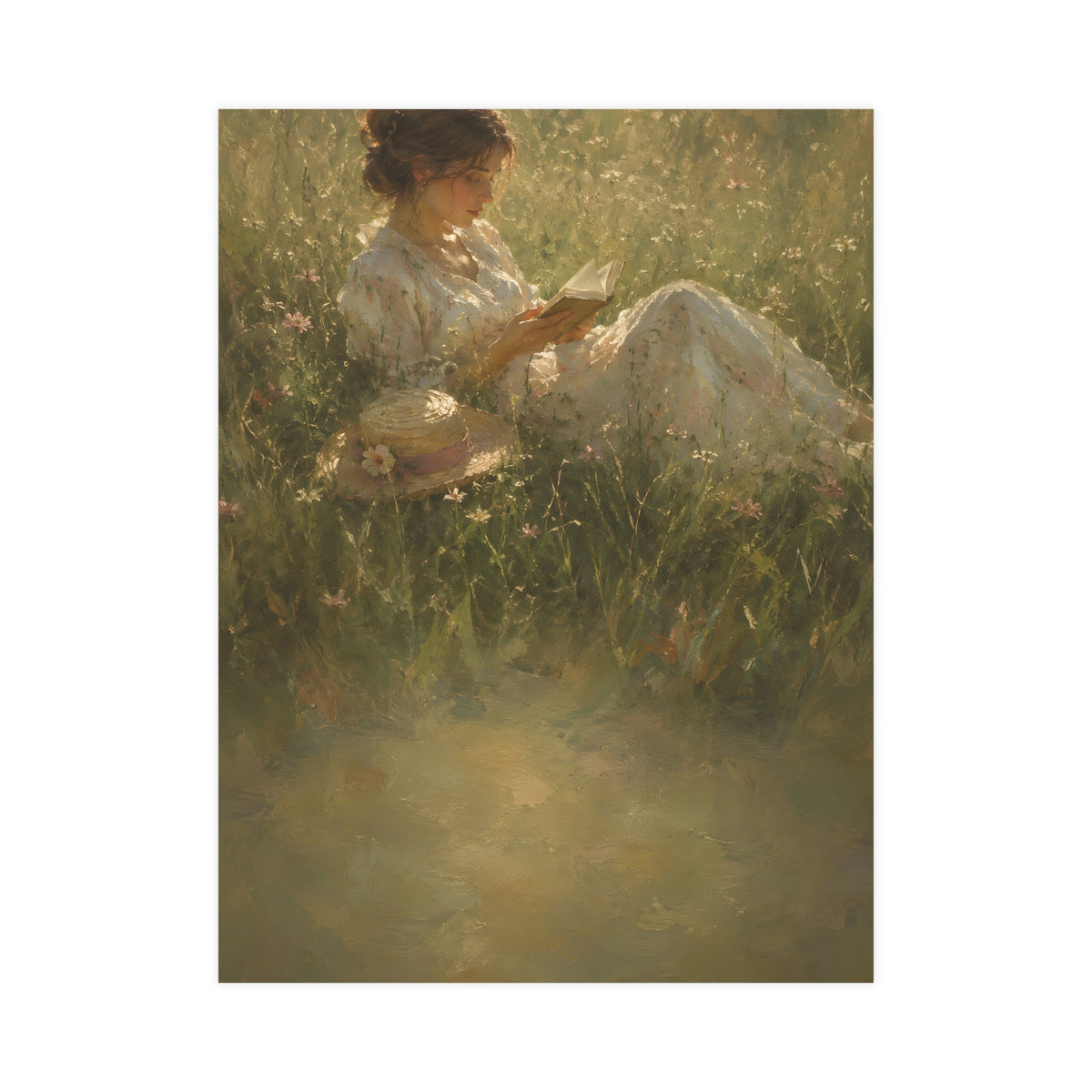 Reading in Tall Grass — a woman reading in tall summer grass, straw hat beside her, 18x24 in print