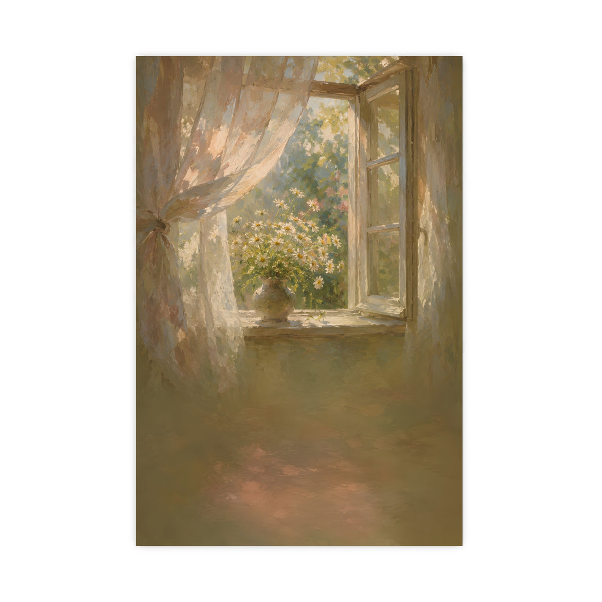 Daisies on the Sill — an open window with sheer curtains lifting in the breeze and a vase of daisies on the sill, 20x30 in pr