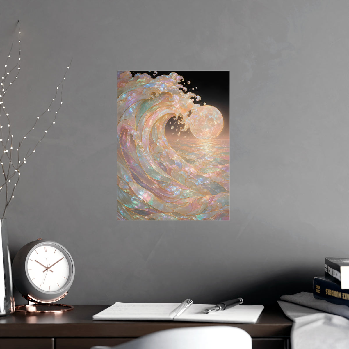 Wave and Moon — wave and moon, shown framed on a wall