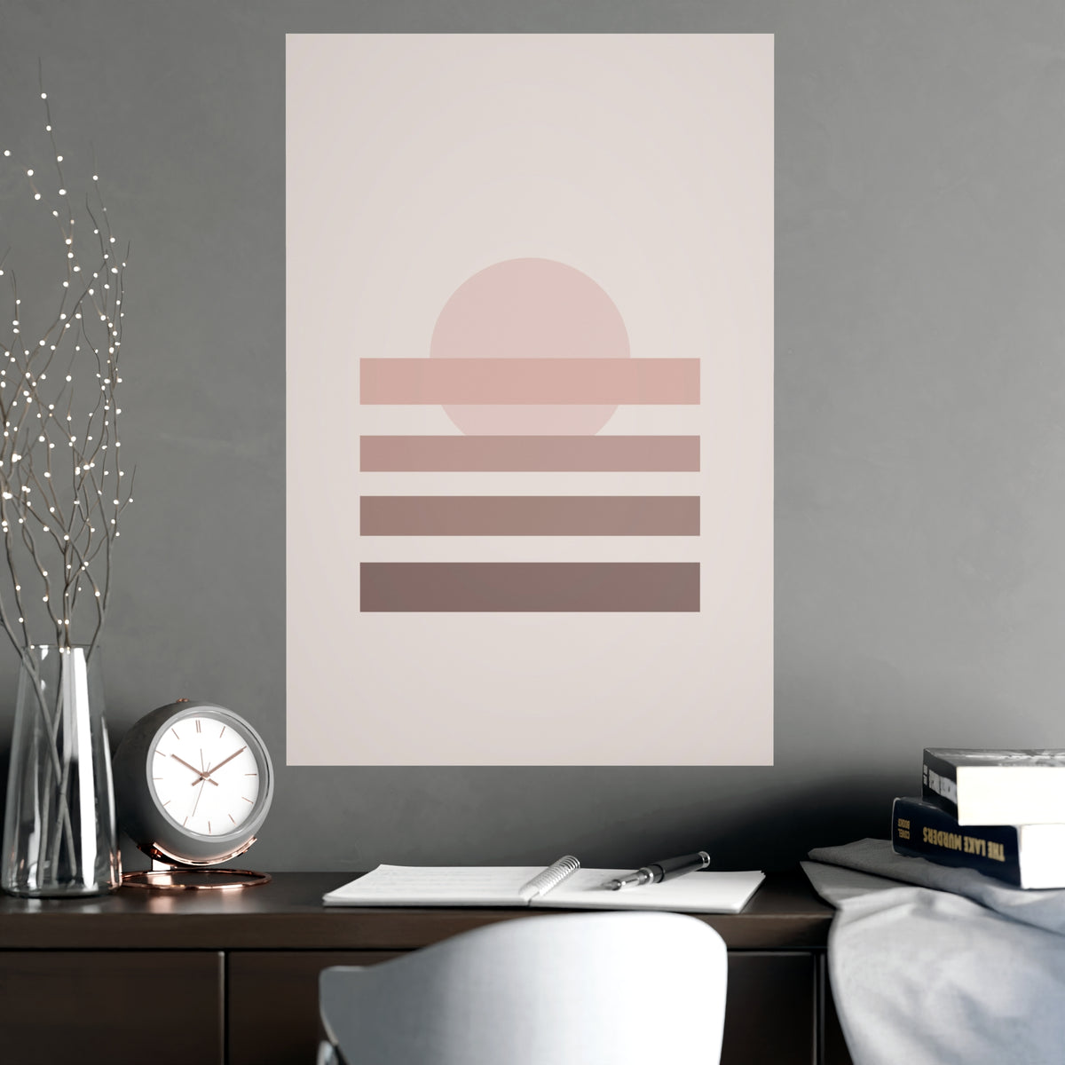 Dusty Rose Sunset Landscape Wall Art — sunset landscape in a dusty rose palette, shown framed on a wall