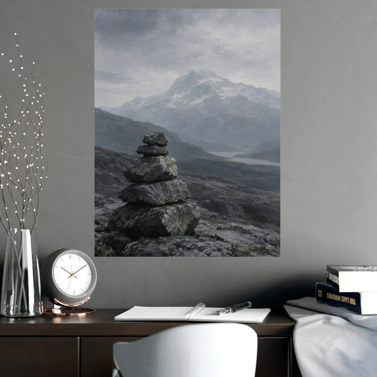Cairn and Mountain — cairn and mountain, shown framed on a wall