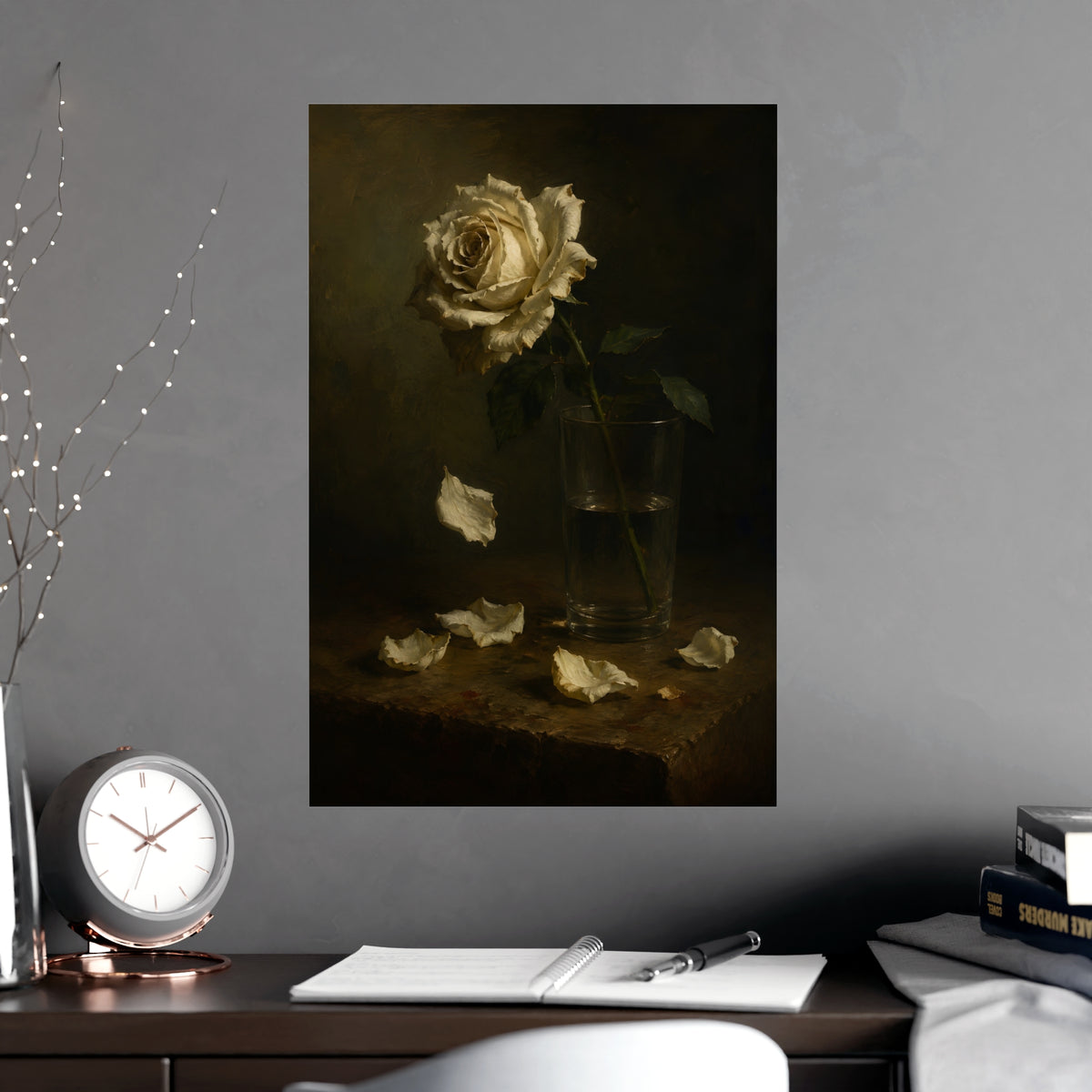 White Rose, Falling — white rose, falling, shown framed on a wall