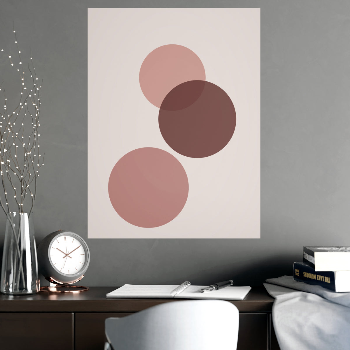 Dusty Rose Circles Modern Wall Art — circles in a dusty rose palette, shown framed on a wall