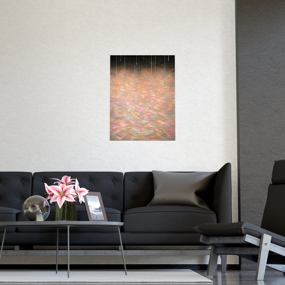 Rain on Still Water — rain on still water, shown framed on a wall