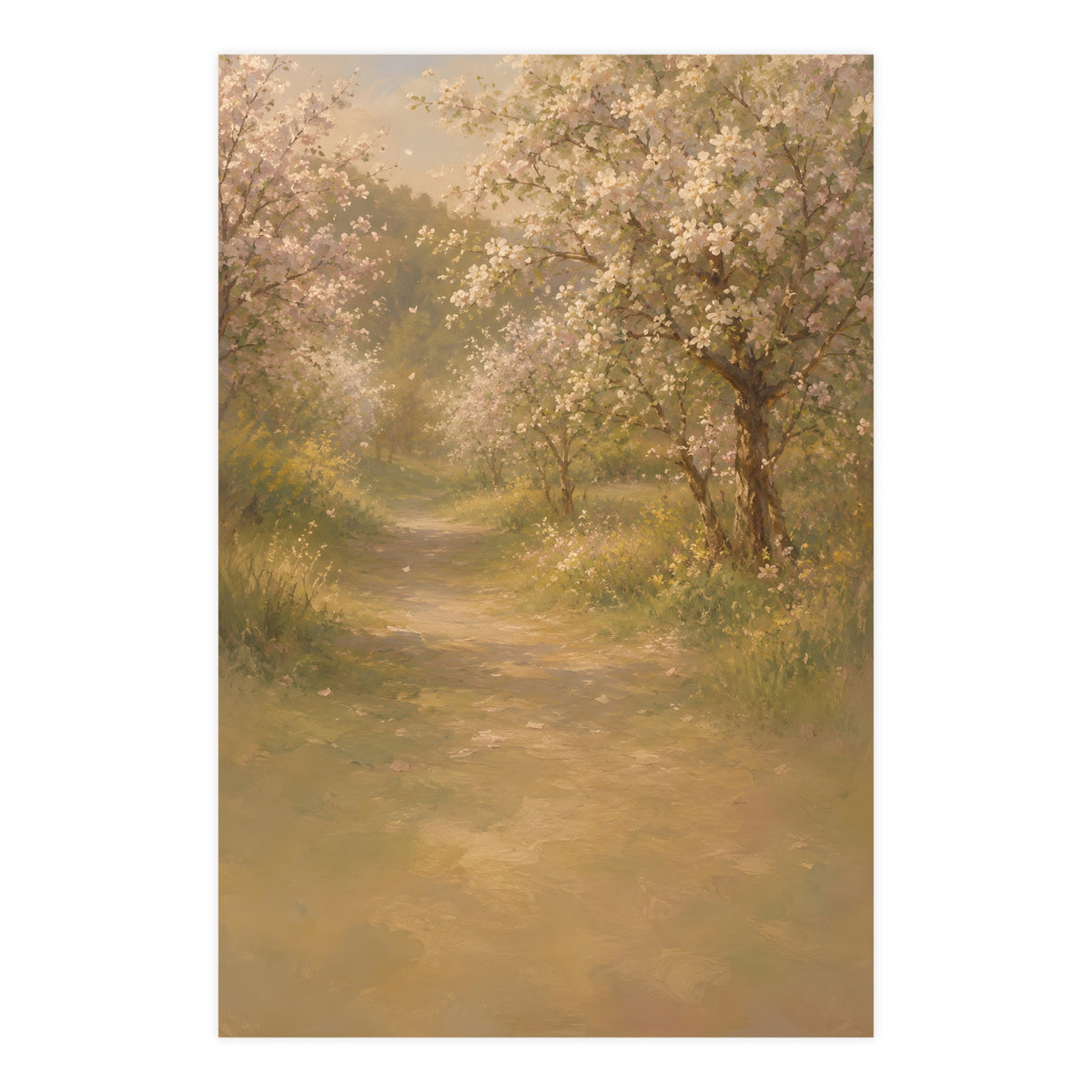 Orchard Path in Spring — a quiet orchard path with blossom drifting, 24x36 in print