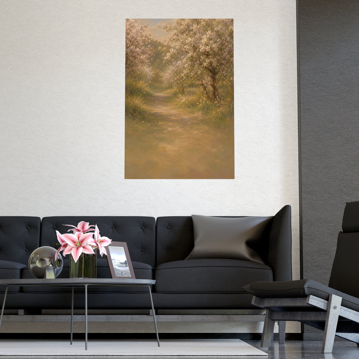 Orchard Path in Spring — a quiet orchard path with blossom drifting, shown framed on a wall