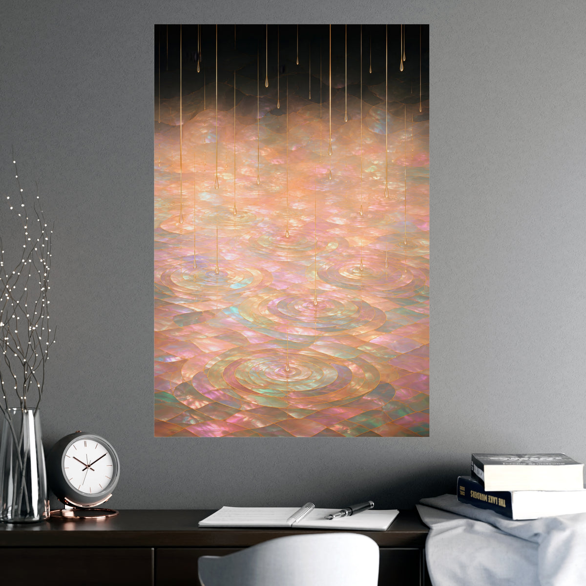 Rain on Still Water — rain on still water, shown framed on a wall