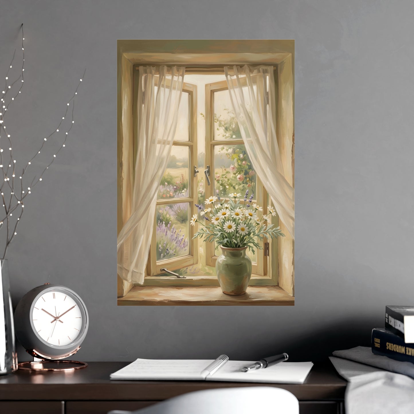 Gemini 04 hung above a sofa with a side table and lilies, 18x24 in print