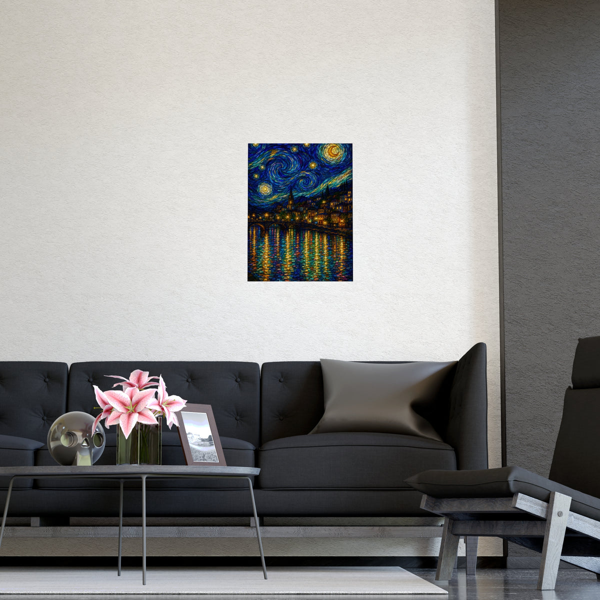 River Town at Night — river town at night, shown framed on a wall