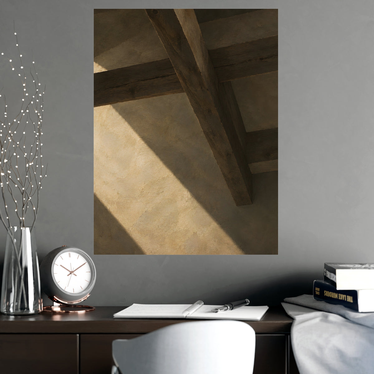 Beams Overhead — beams overhead, shown framed on a wall