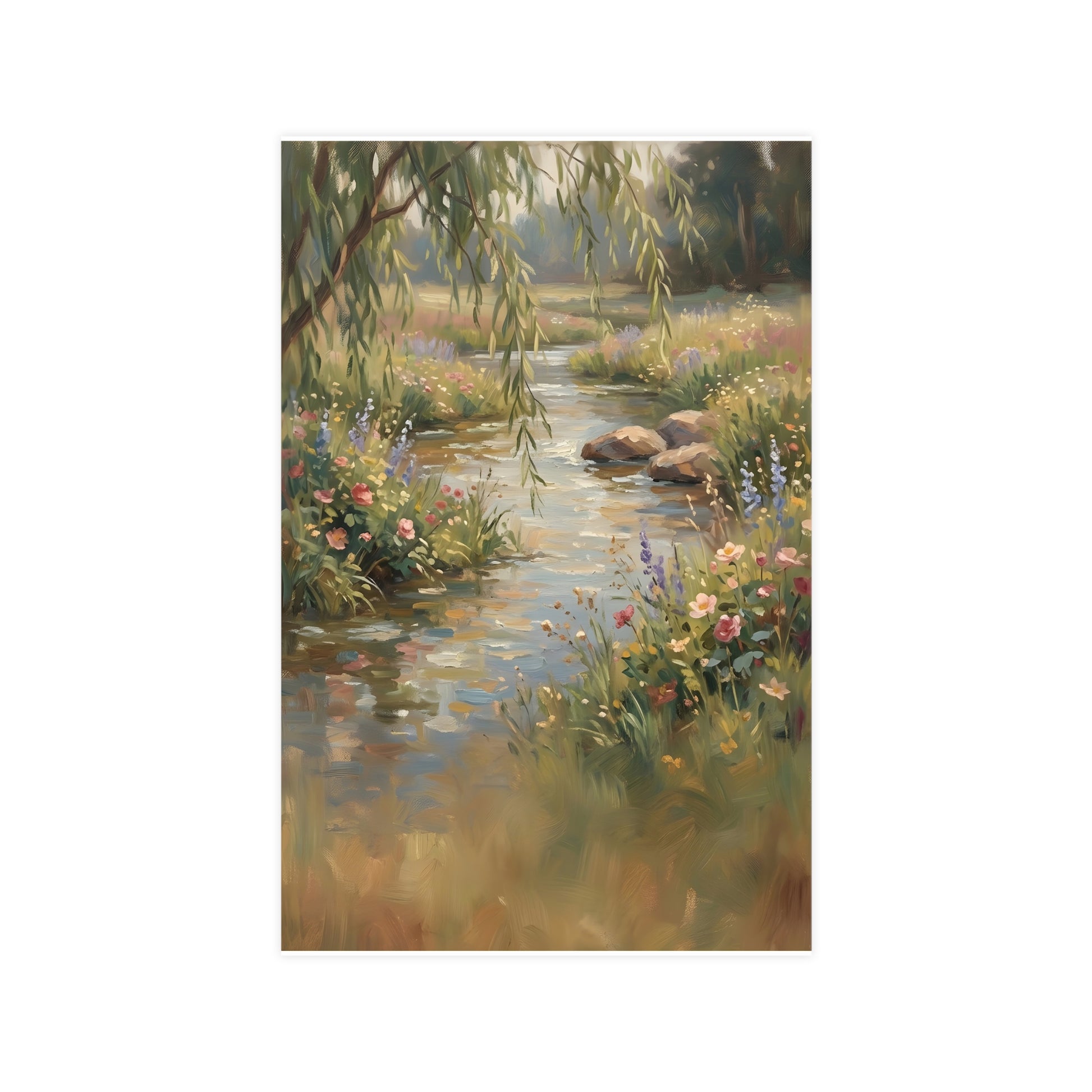Willow Stream — a shallow stream winding through a meadow with willow branches trailing over the water, 11x17 in print