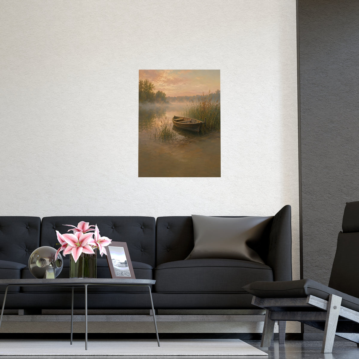 Rowboat at Dawn — a wooden rowboat moored among reeds as mist rises off the water, shown framed on a wall