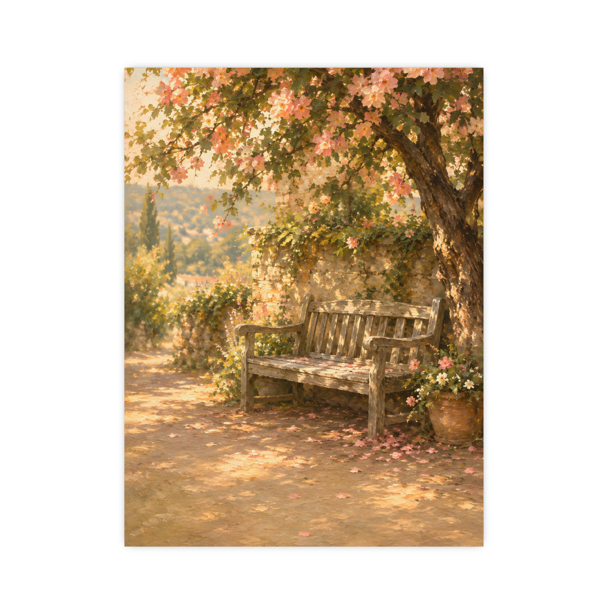 Bench Under Blossom — a weathered wooden bench under a flowering tree in a quiet garden, 12x16 in print