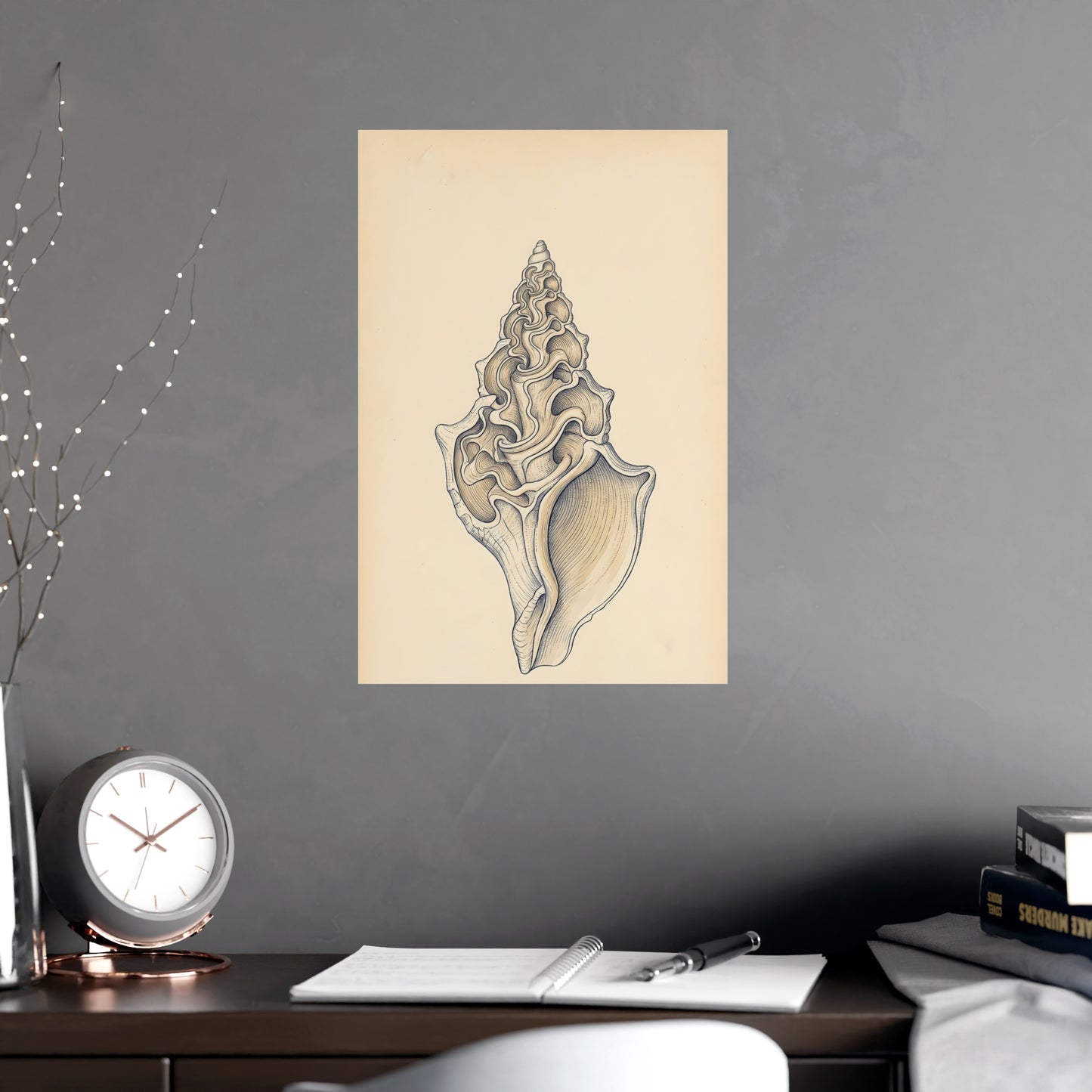 Conch Shell hung above a sofa with a side table and lilies, 12x18 in print