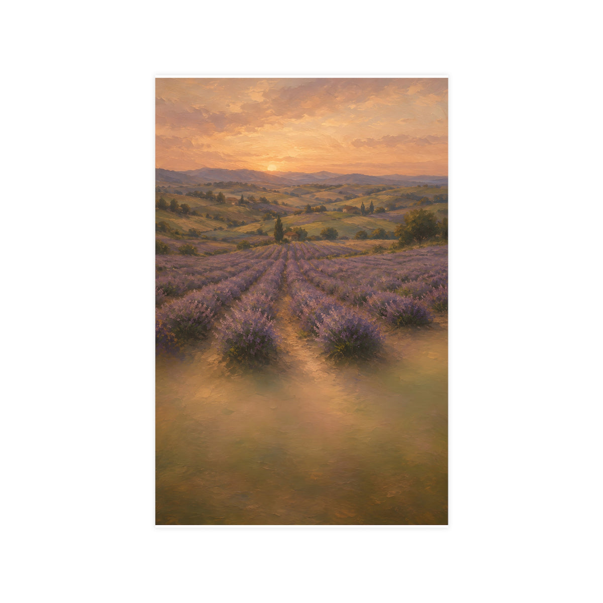 Lavender Fields at Dusk — lavender rows receding into soft hills at dusk, 11x17 in print