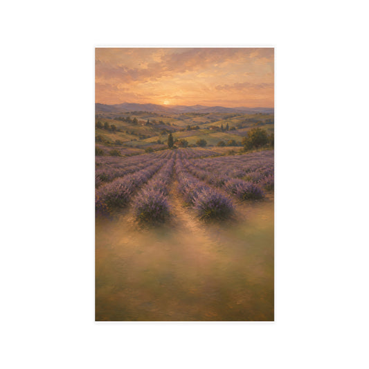 Lavender Fields at Dusk — lavender rows receding into soft hills at dusk, 11x17 in print