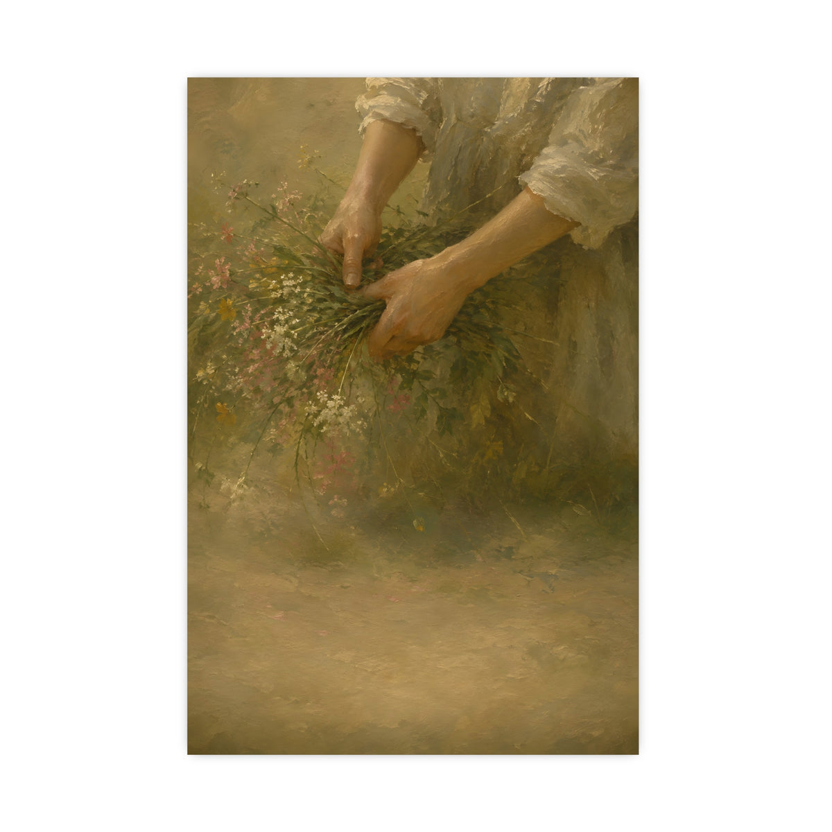Hands and Wildflowers — a woman's hands gathering wildflower stems into a bundle, cropped at the forearms so no face is in fr