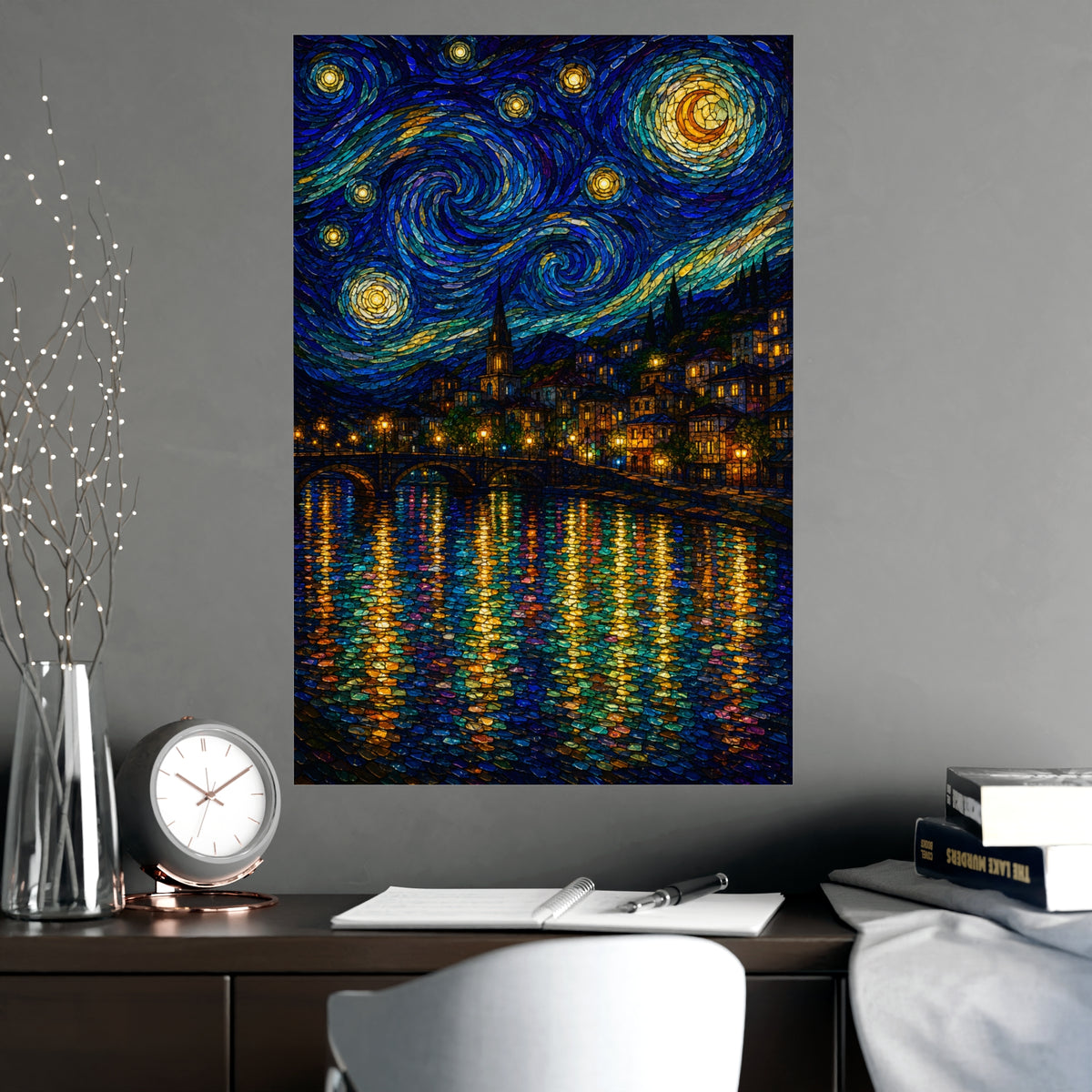 River Town at Night — river town at night, shown framed on a wall