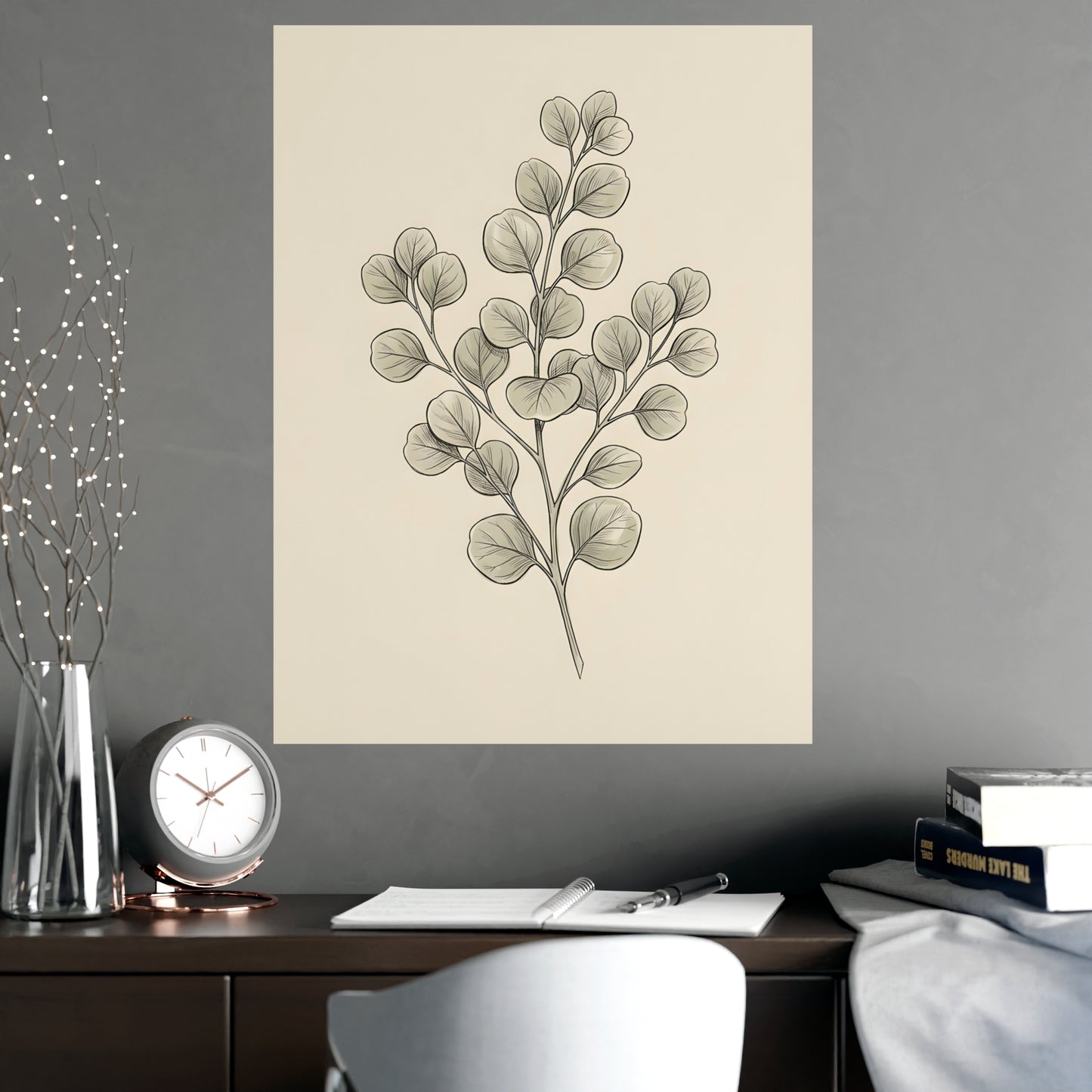 Eucalyptus framed on a cream wall in a living room, 18x24 in print