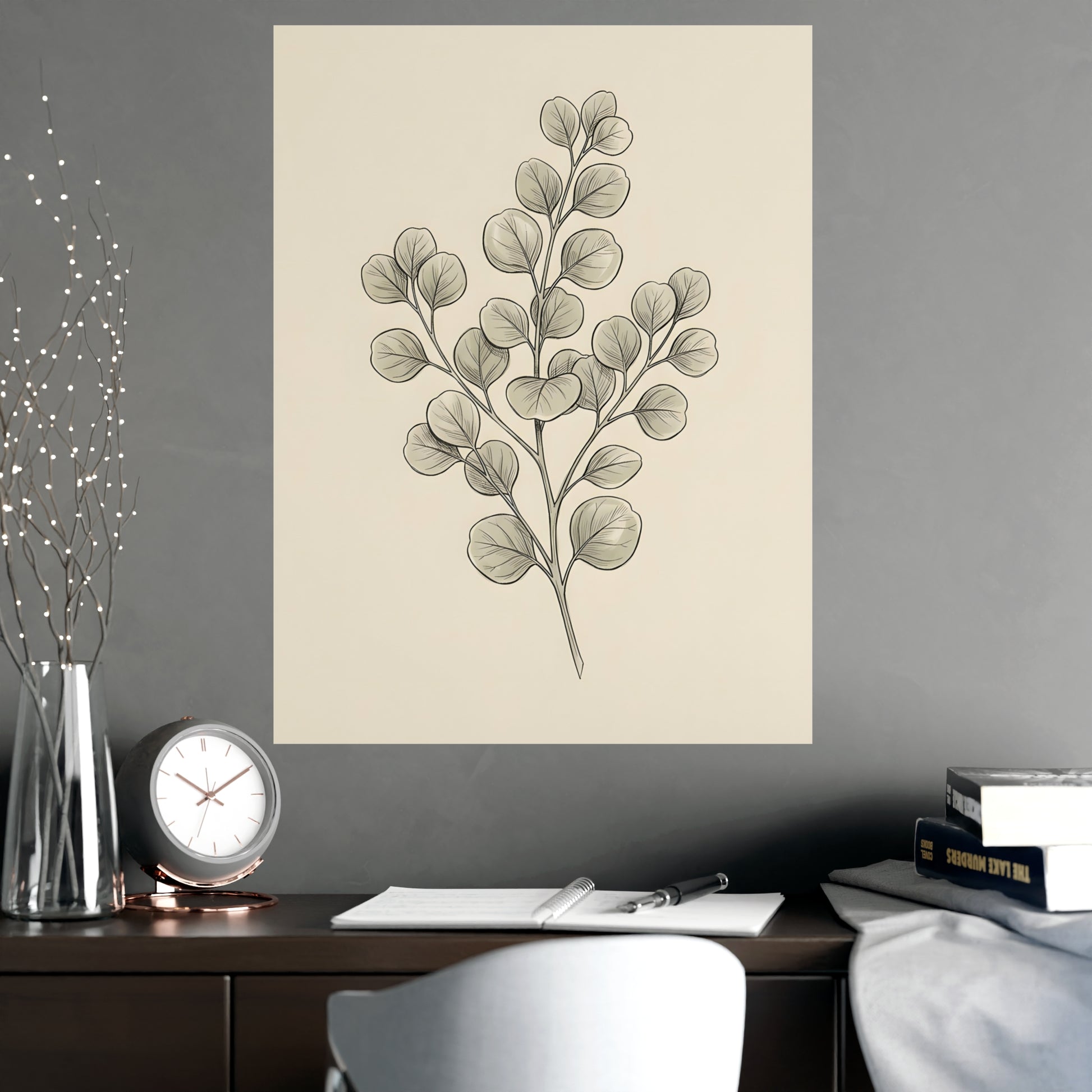 Eucalyptus framed on a cream wall in a living room, 18x24 in print