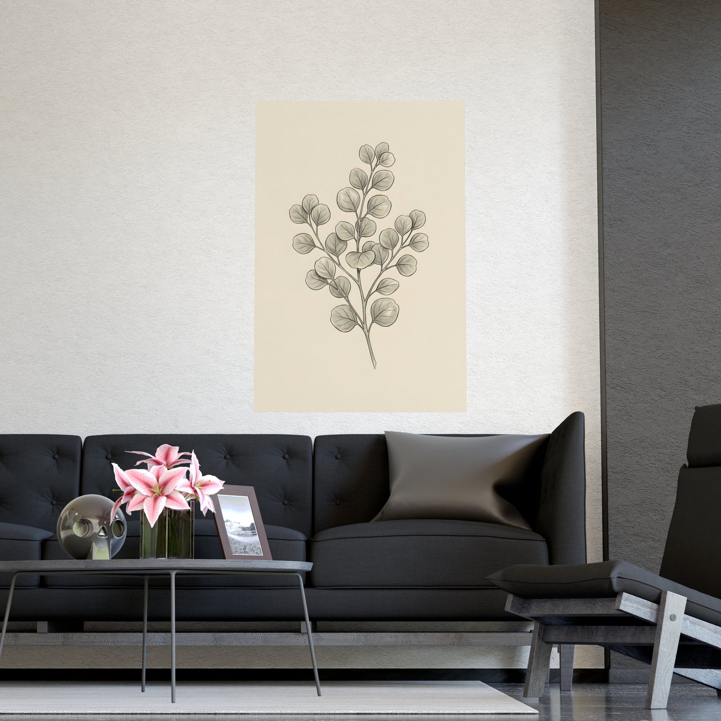 Eucalyptus framed on a cream wall in a living room, 18x24 in print