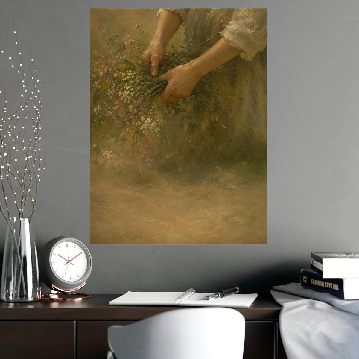 Hands and Wildflowers — a woman's hands gathering wildflower stems into a bundle, cropped at the forearms so no face is in fr