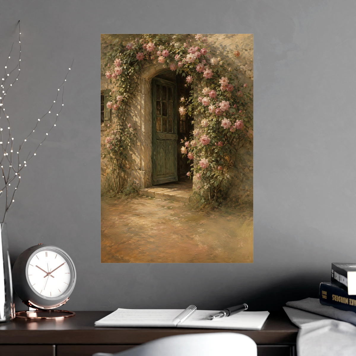 Rose Cottage Door — a stone cottage doorway framed by climbing roses in full bloom, shown framed on a wall