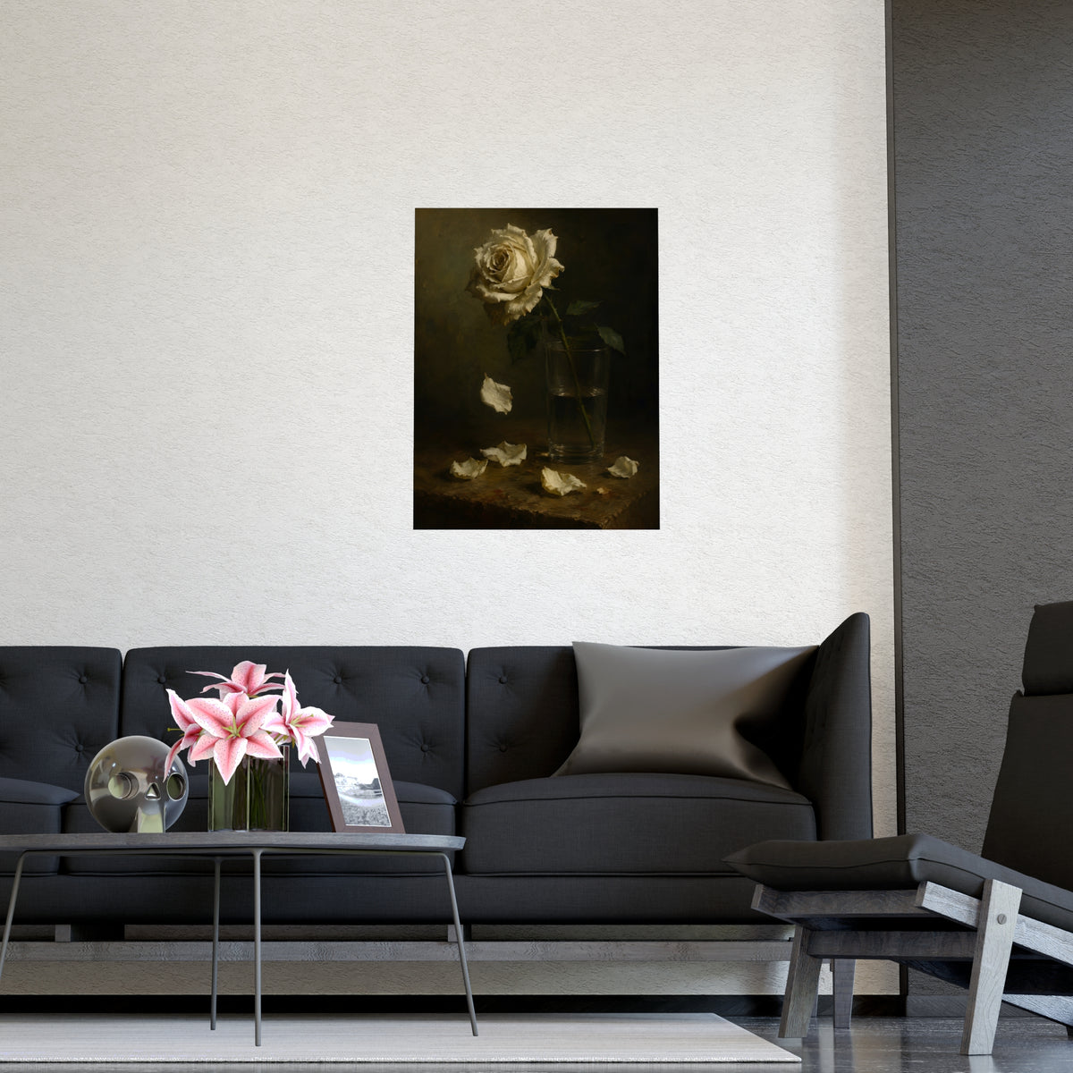 White Rose, Falling — white rose, falling, shown framed on a wall