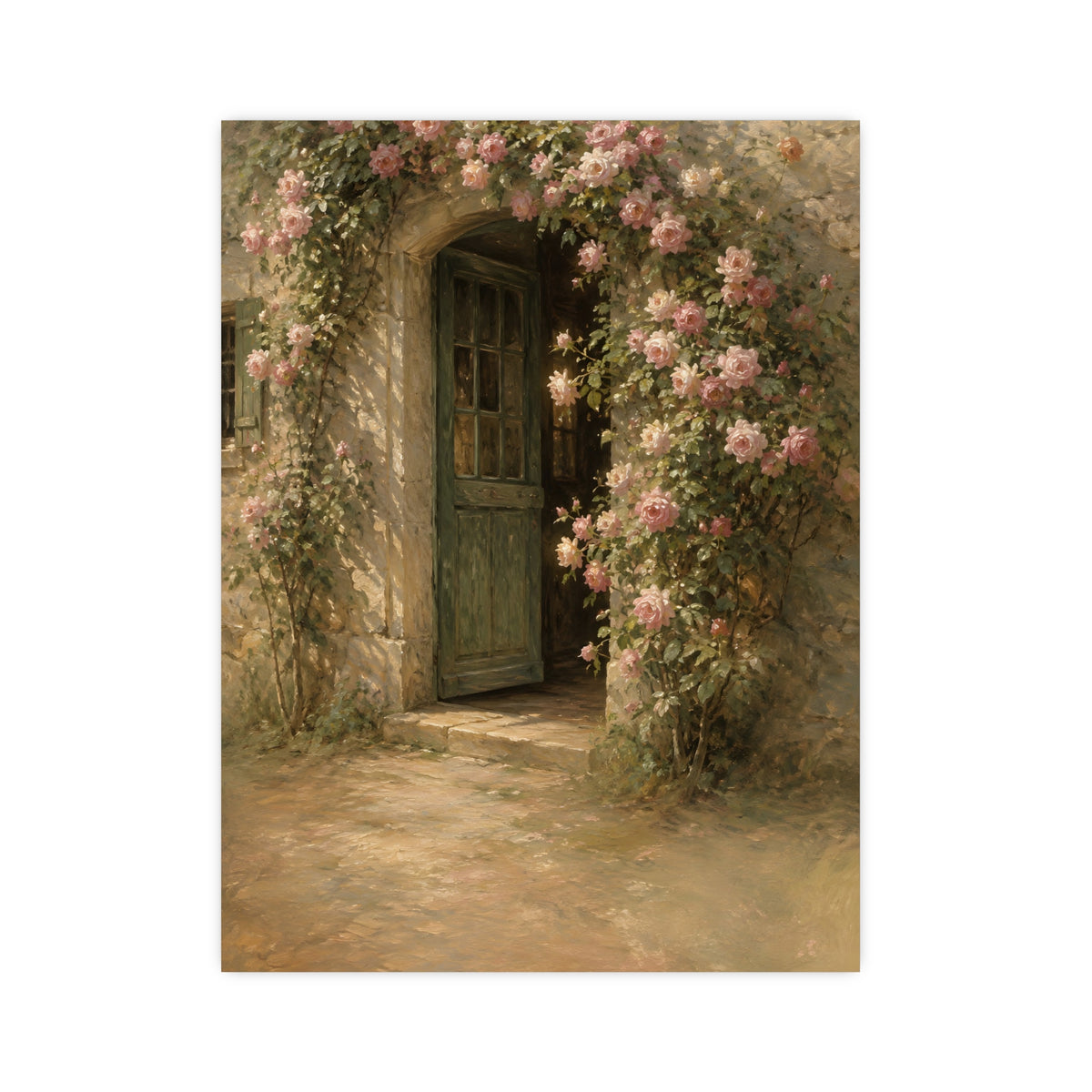 Rose Cottage Door — a stone cottage doorway framed by climbing roses in full bloom, 12x16 in print