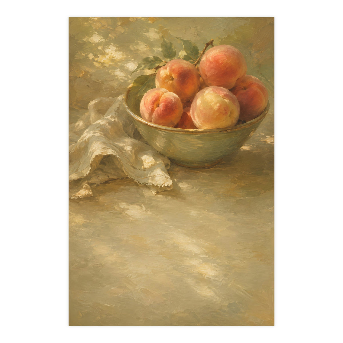 Bowl of Peaches — a bowl of ripe peaches and a folded linen napkin on a sunlit table, 24x36 in print
