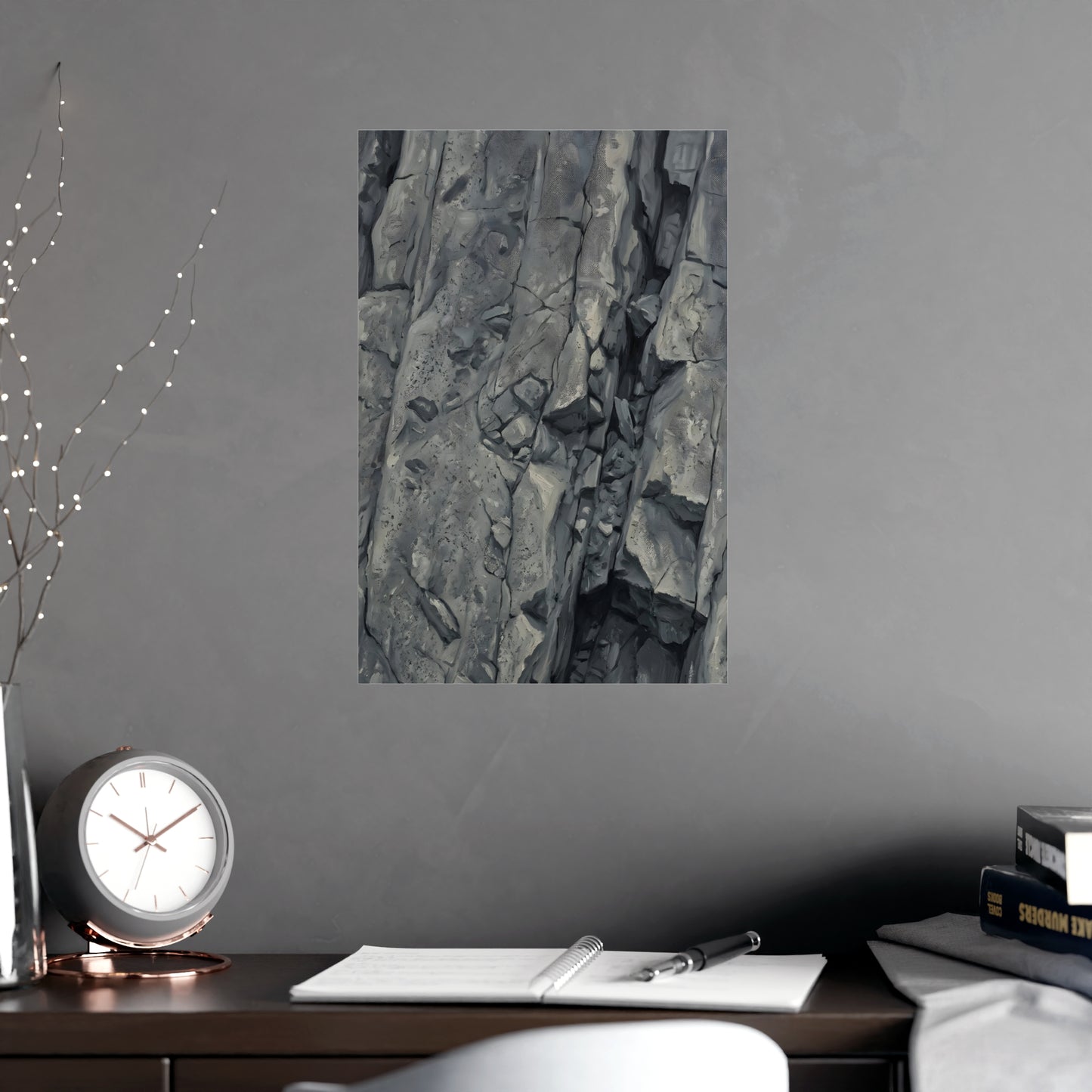 Rock Face framed on a cream wall in a living room, 12x18 in print
