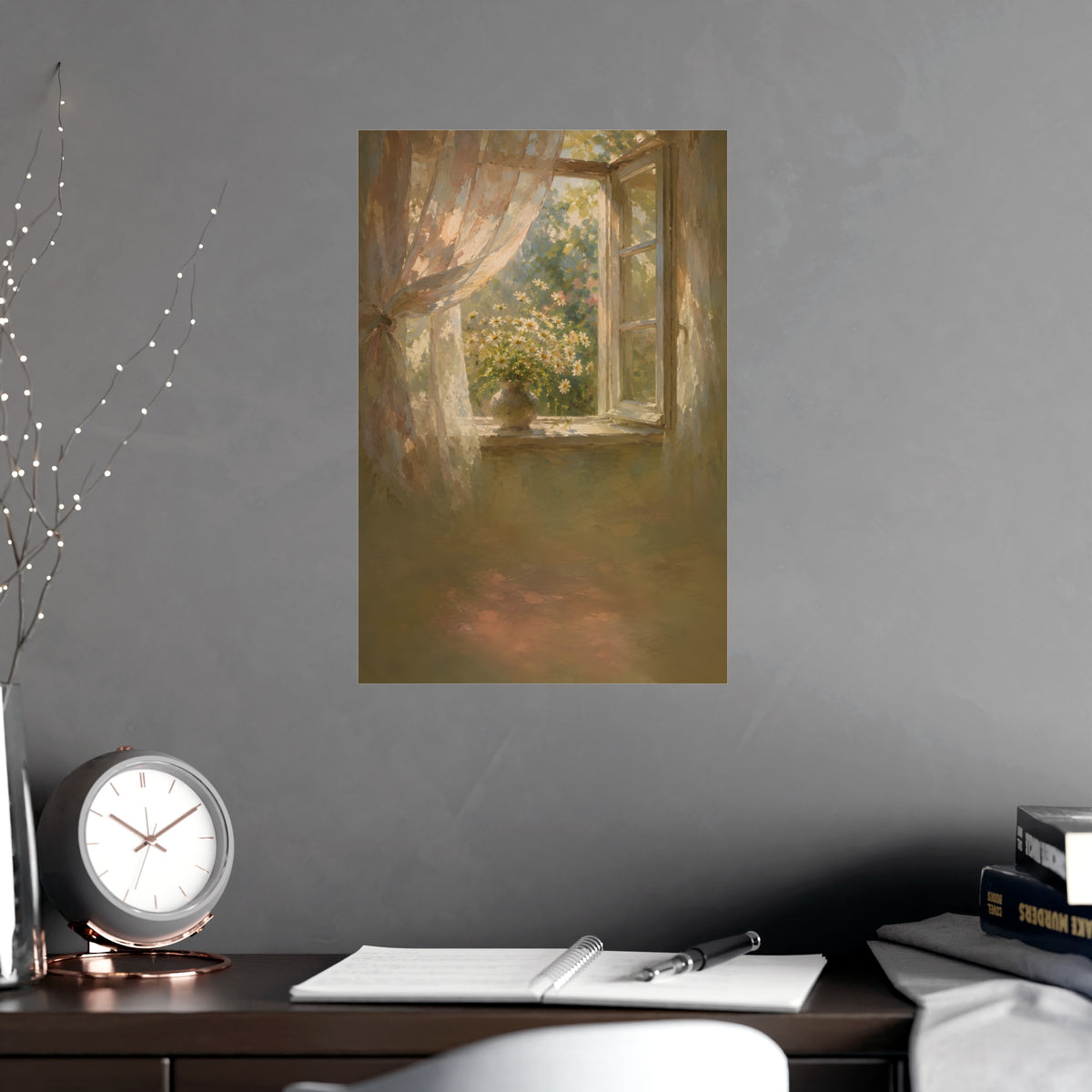Daisies on the Sill — an open window with sheer curtains lifting in the breeze and a vase of daisies on the sill, shown frame