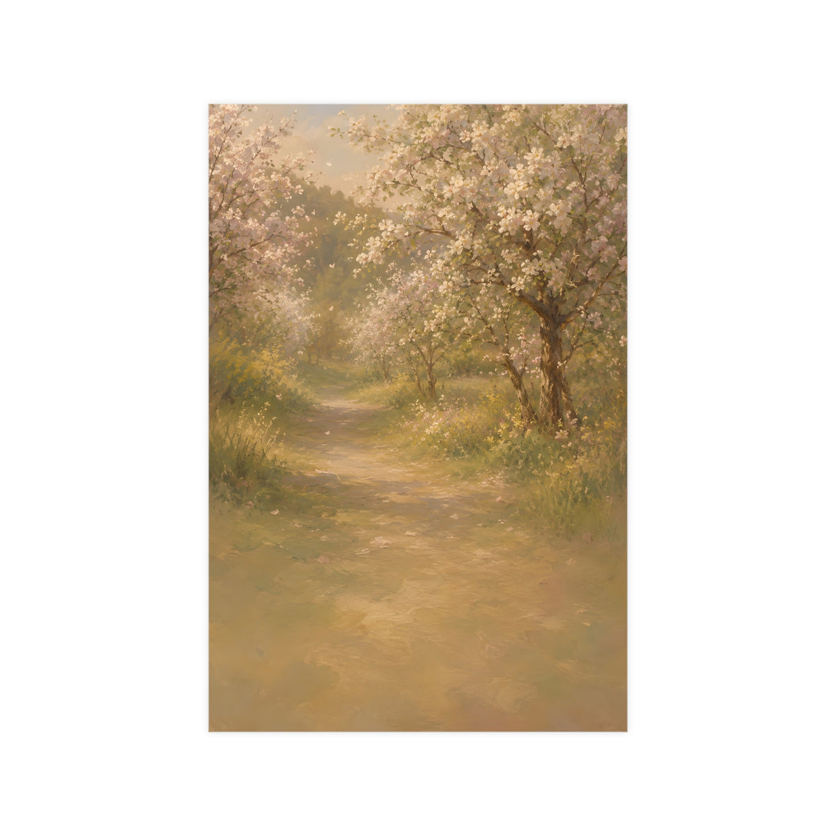 Orchard Path in Spring — a quiet orchard path with blossom drifting, 12x18 in print
