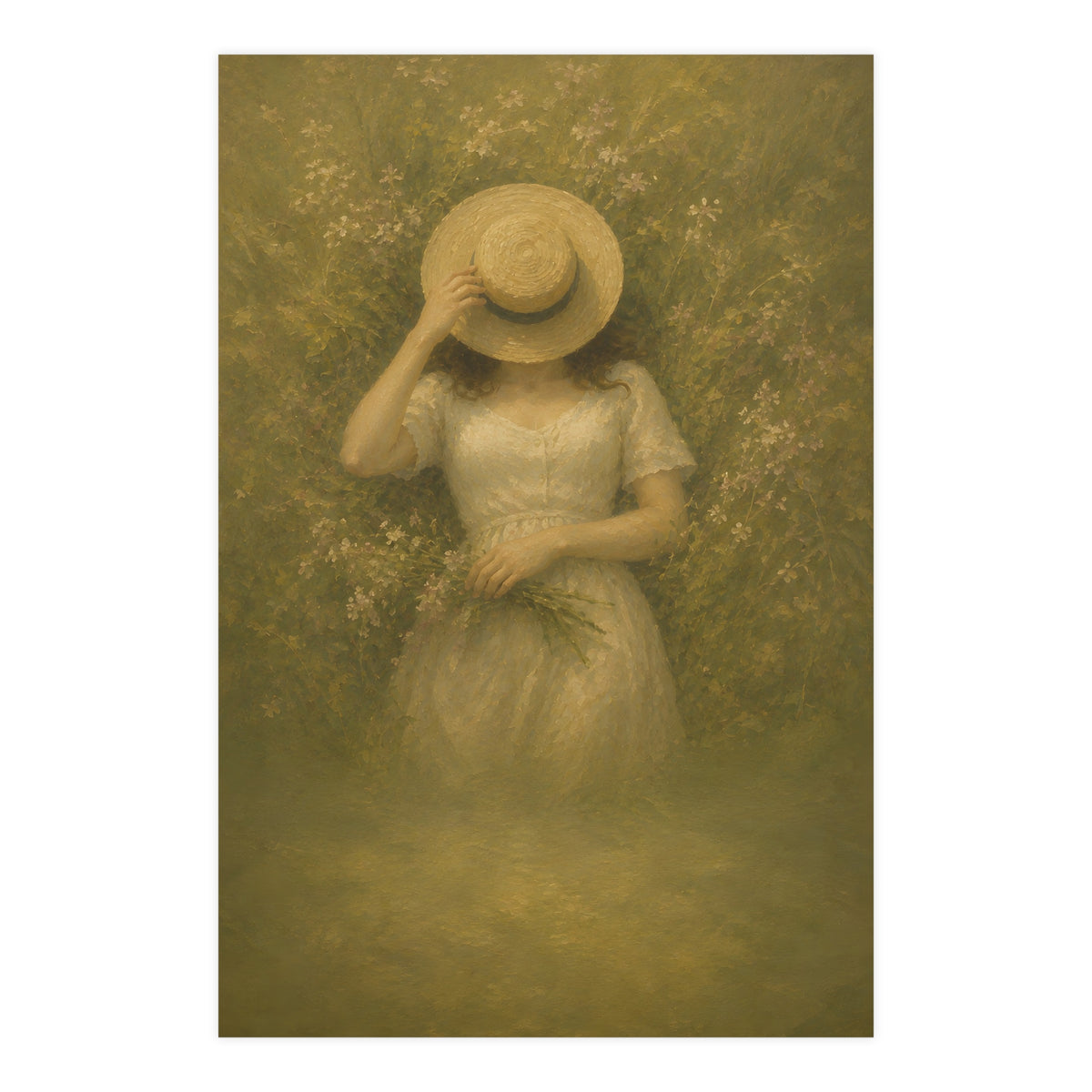The Straw Hat — a woman lying in long grass seen from directly above, a straw hat laid over her face, 24x36 in print