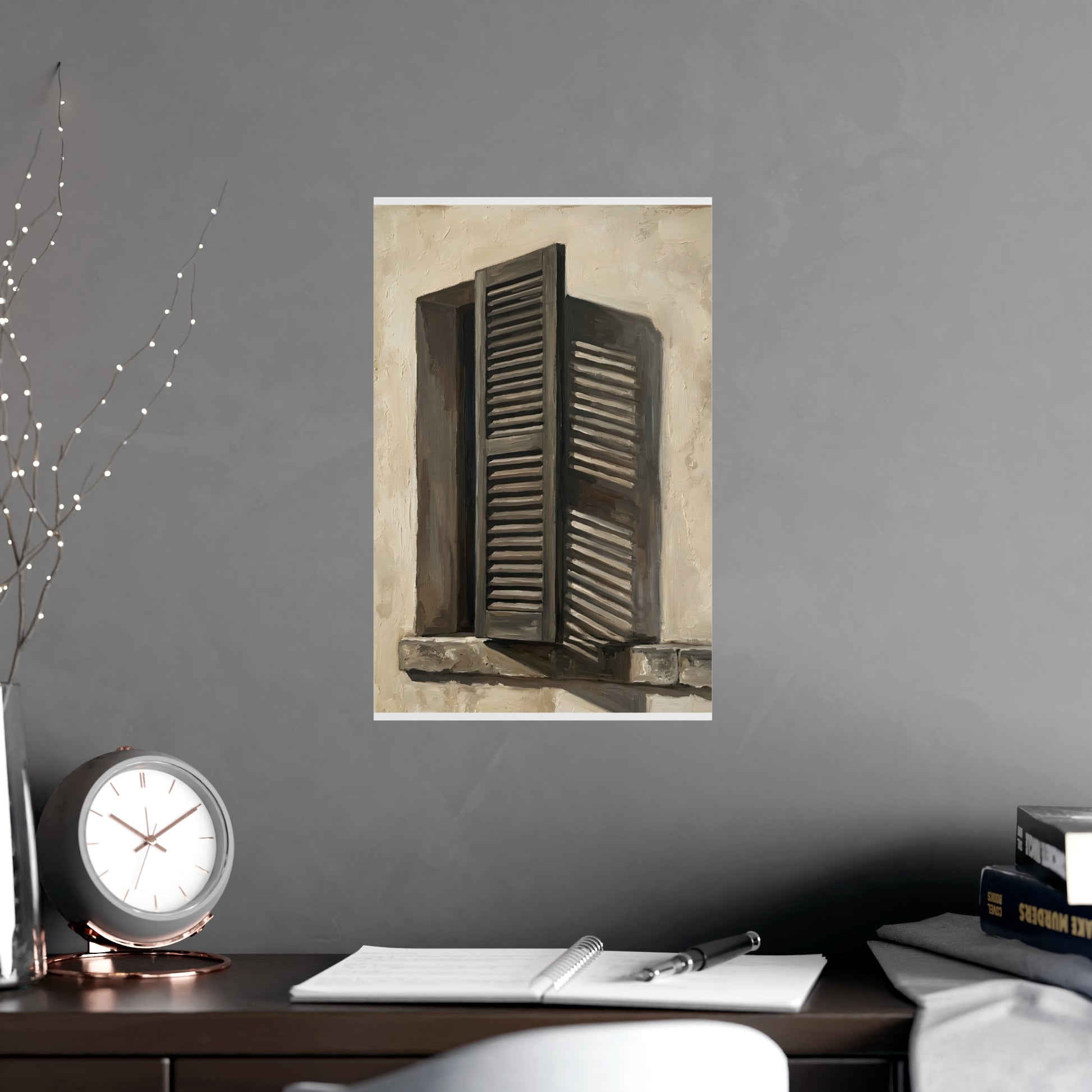 Shutters, Half Closed hung above a desk with a clock and notebook, 11x17 in print