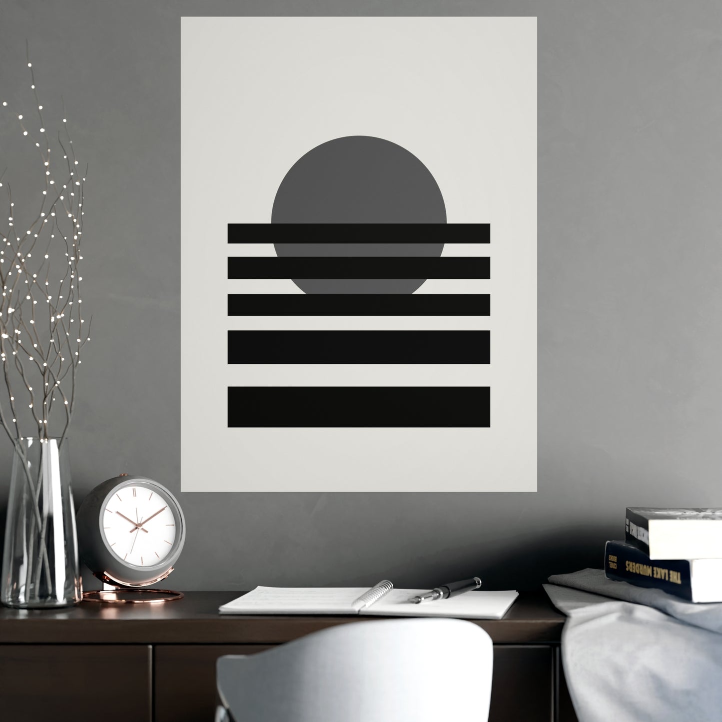 Charcoal Cream Sunset Landscape Wall Art | Living Room Print