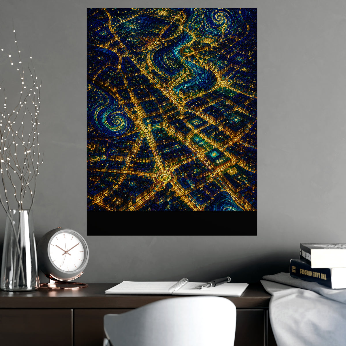 City from Above — city from above, shown framed on a wall