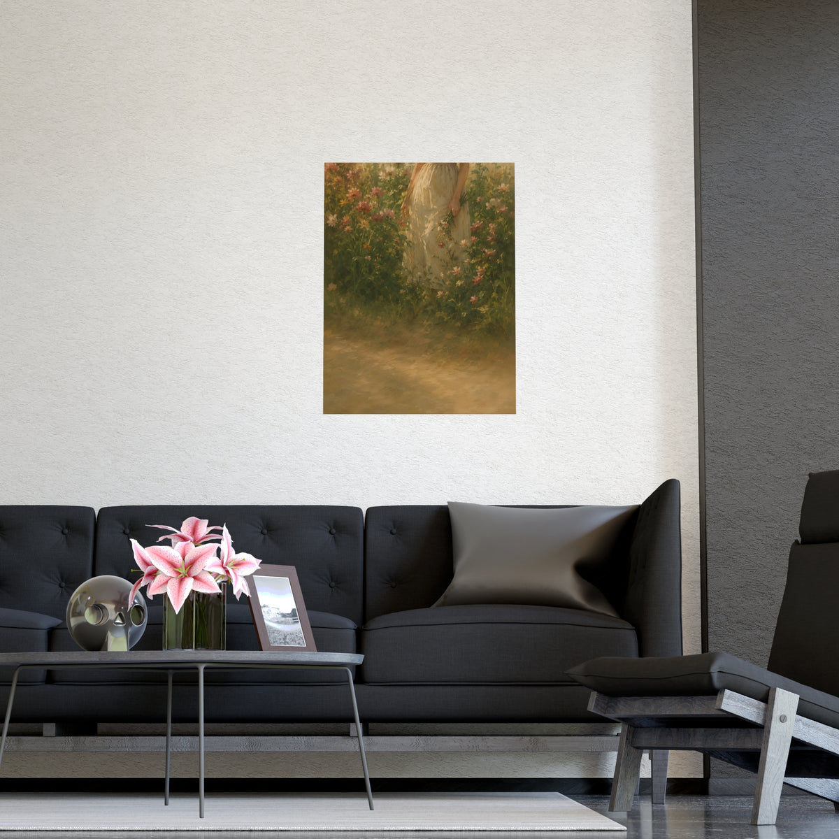 In the Tall Flowers — a woman in a linen dress standing among tall summer flowers, the top of the frame cutting her off at th