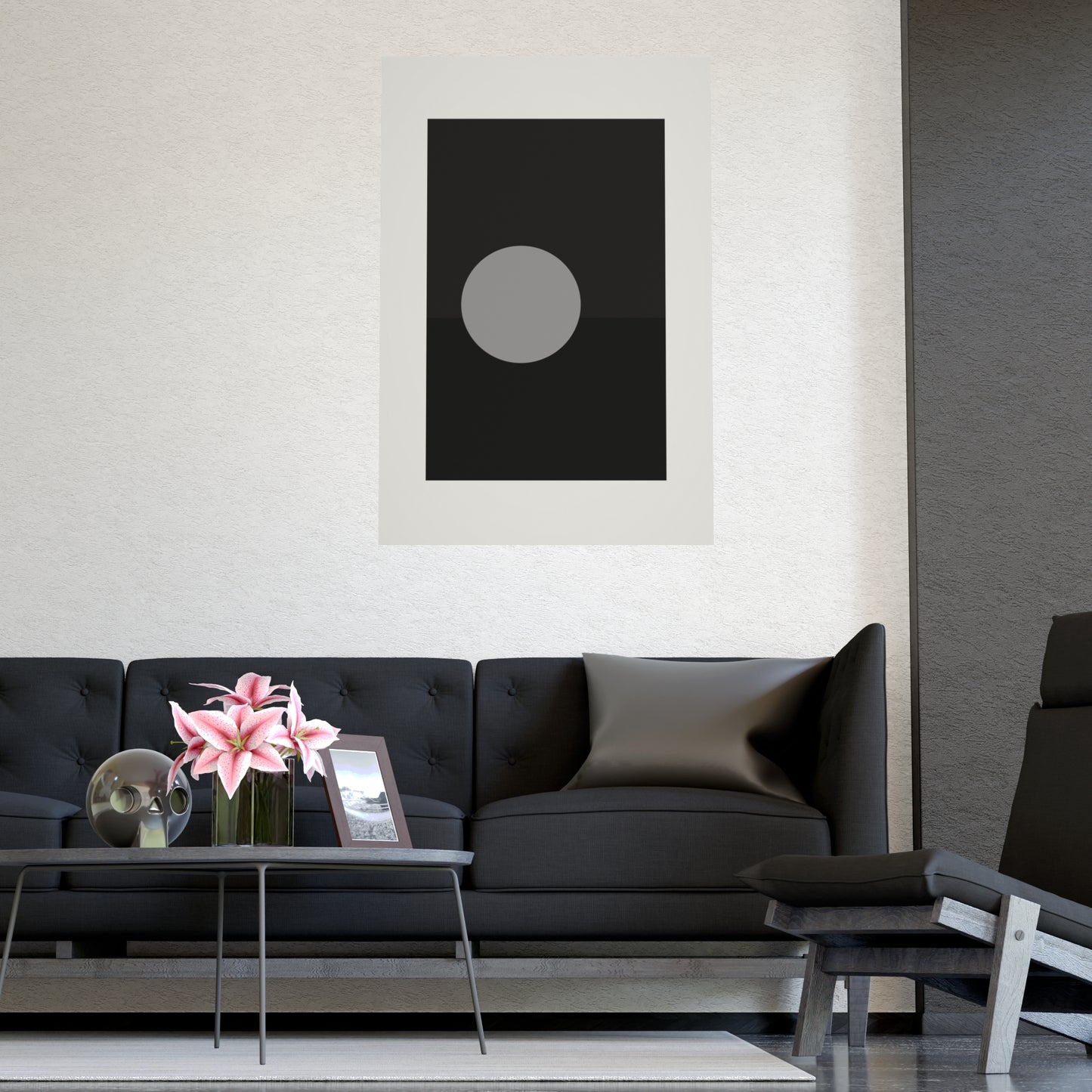 Charcoal Cream Sun Landscape Wall Art | Living Room Print