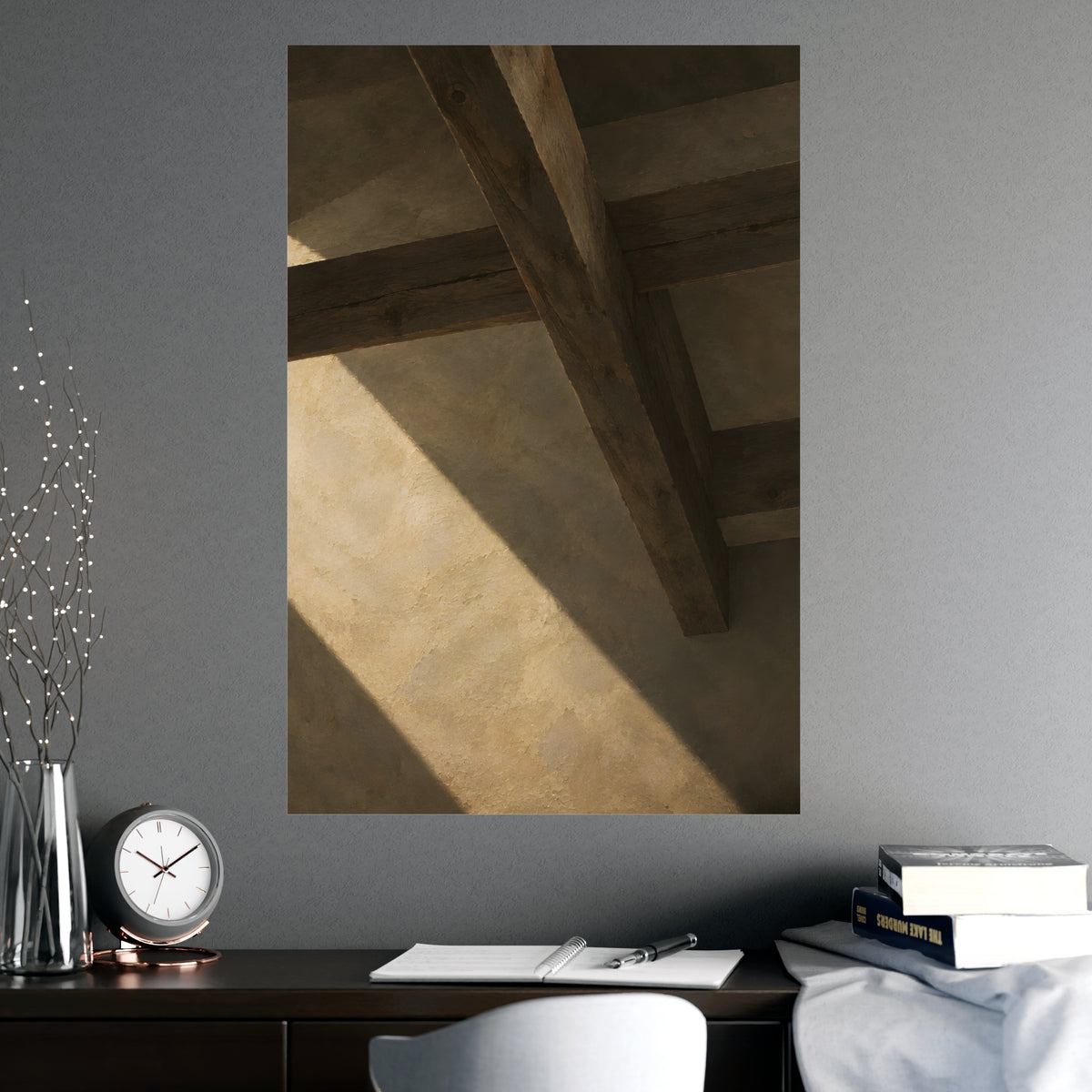 Beams Overhead — beams overhead, shown framed on a wall