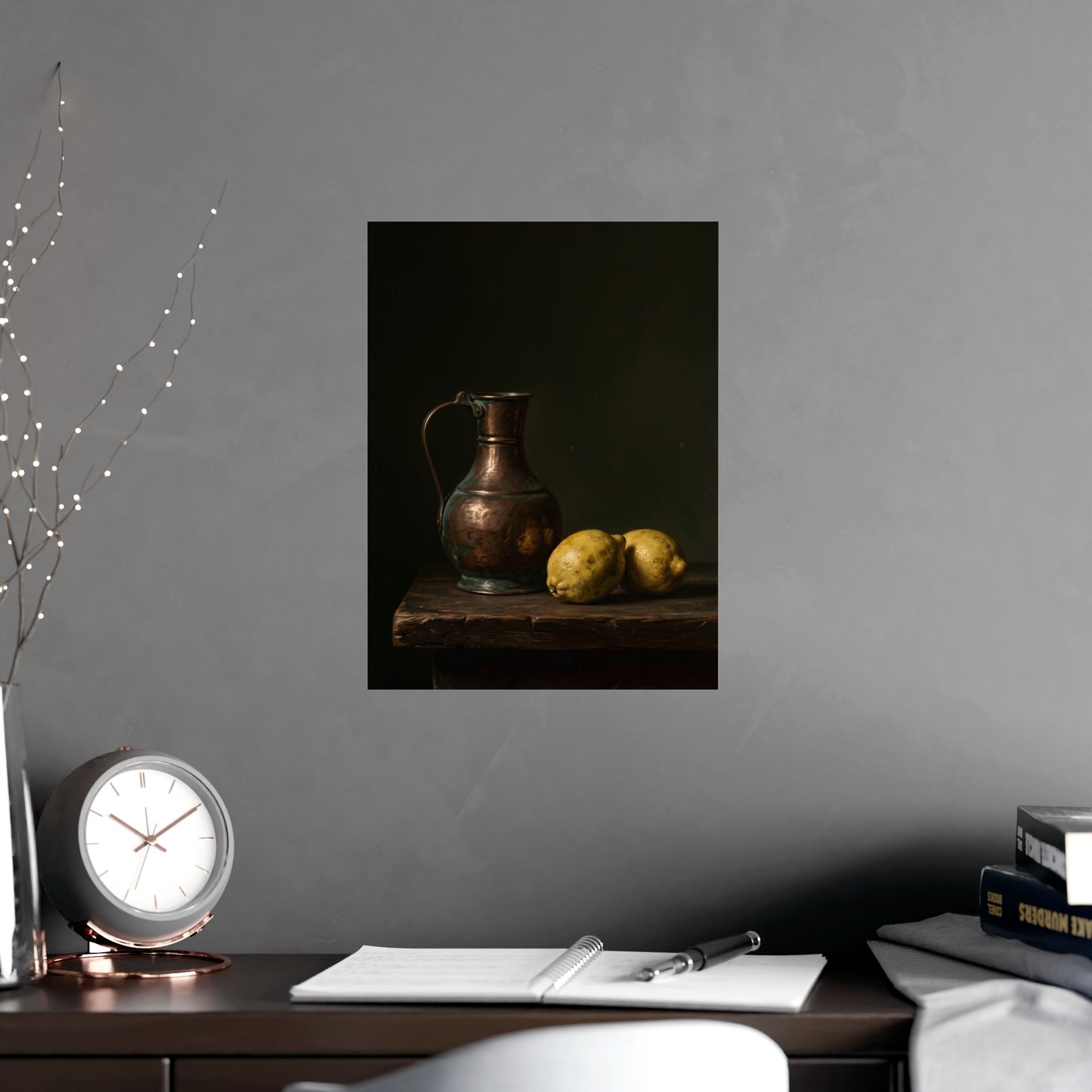 Copper and Lemons on a living room wall beside a tall vase, 12x16 in print