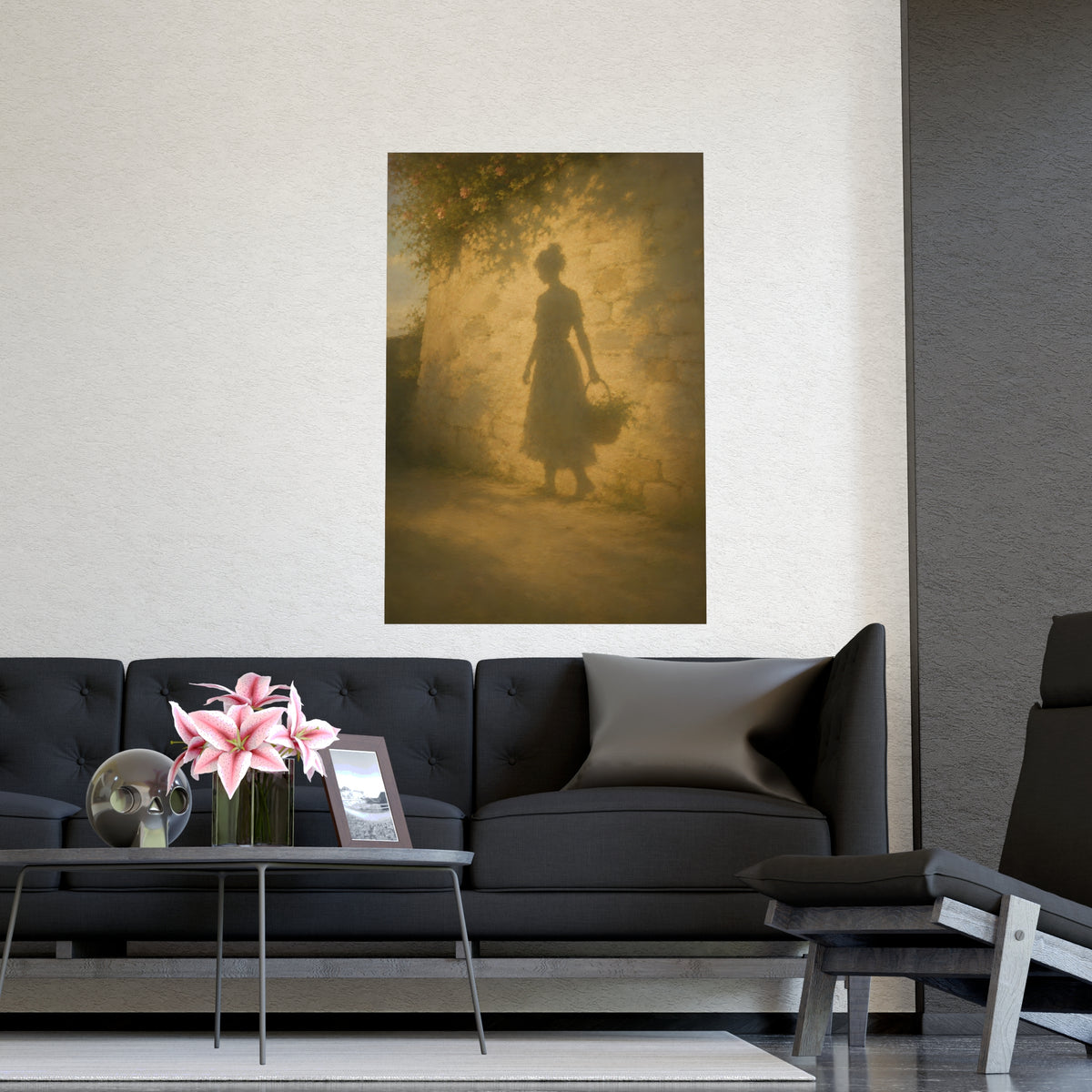 Her Shadow on the Wall — the long shadow of a woman carrying a basket, cast across a sunlit stone wall, shown framed on a wal