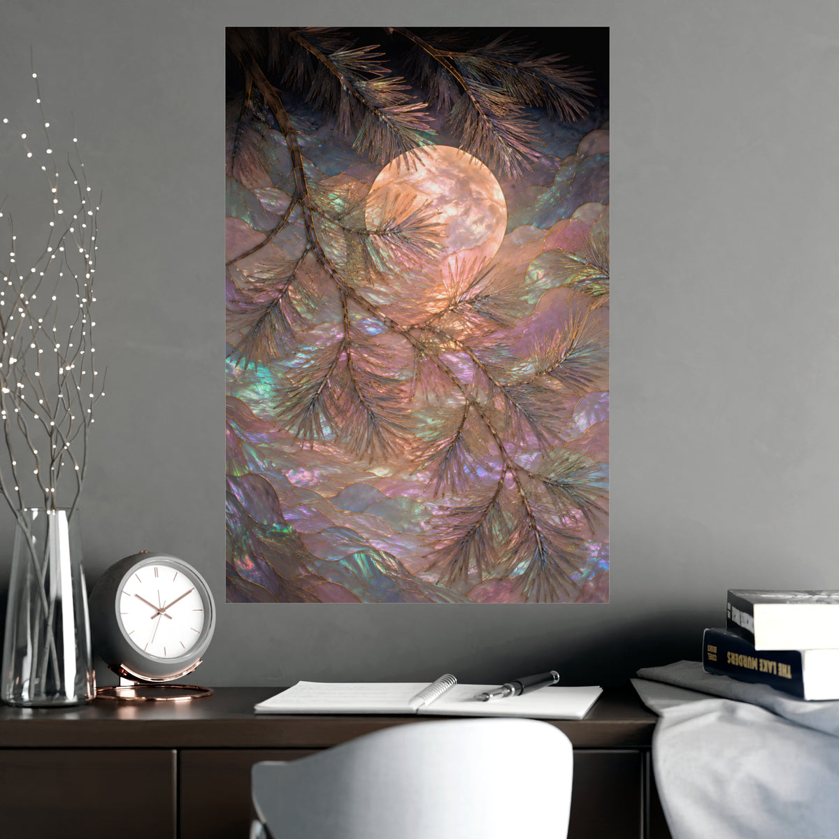 Moon behind Pines — moon behind pines, shown framed on a wall