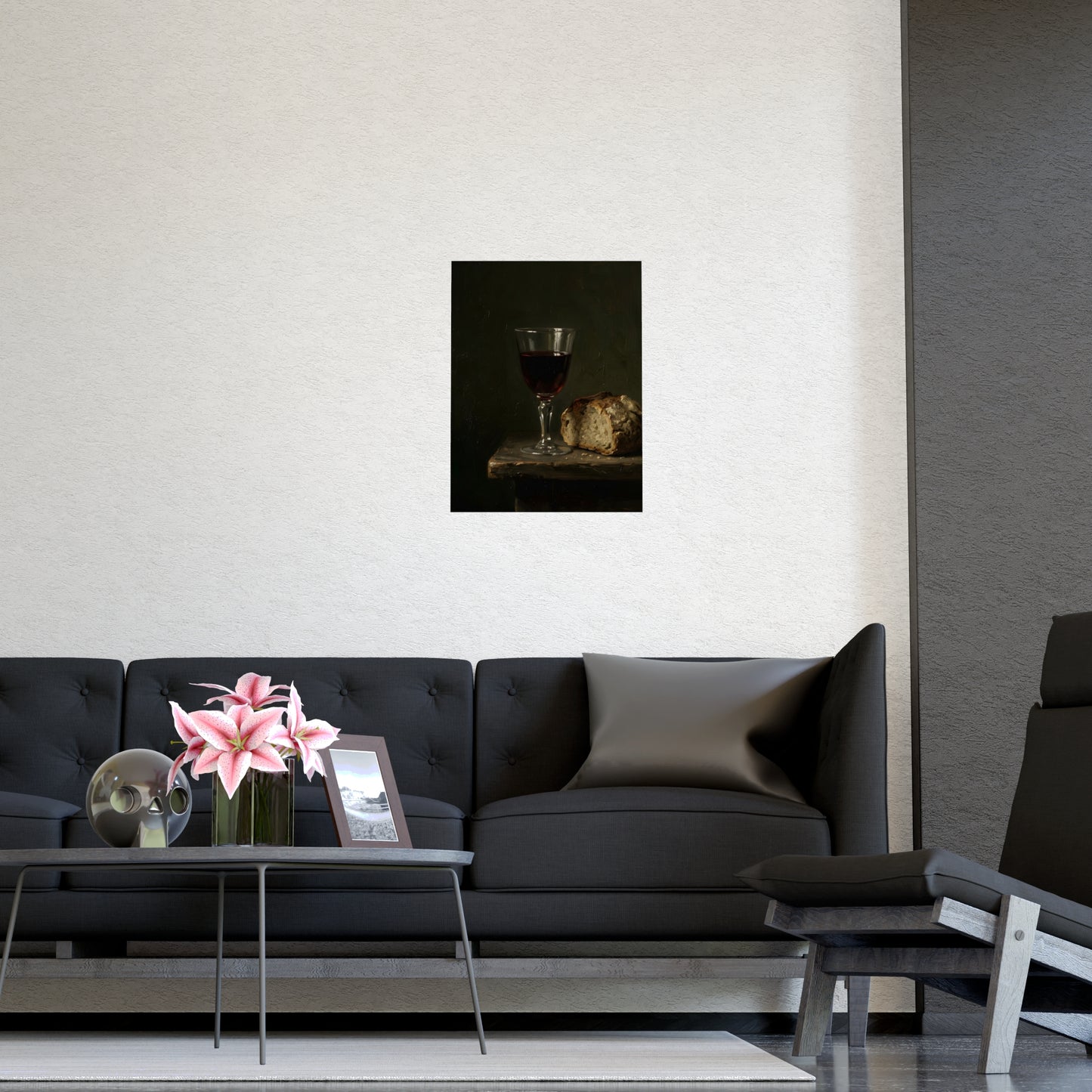 Wine and Bread hung above a sofa with a side table and lilies, 11x17 in print